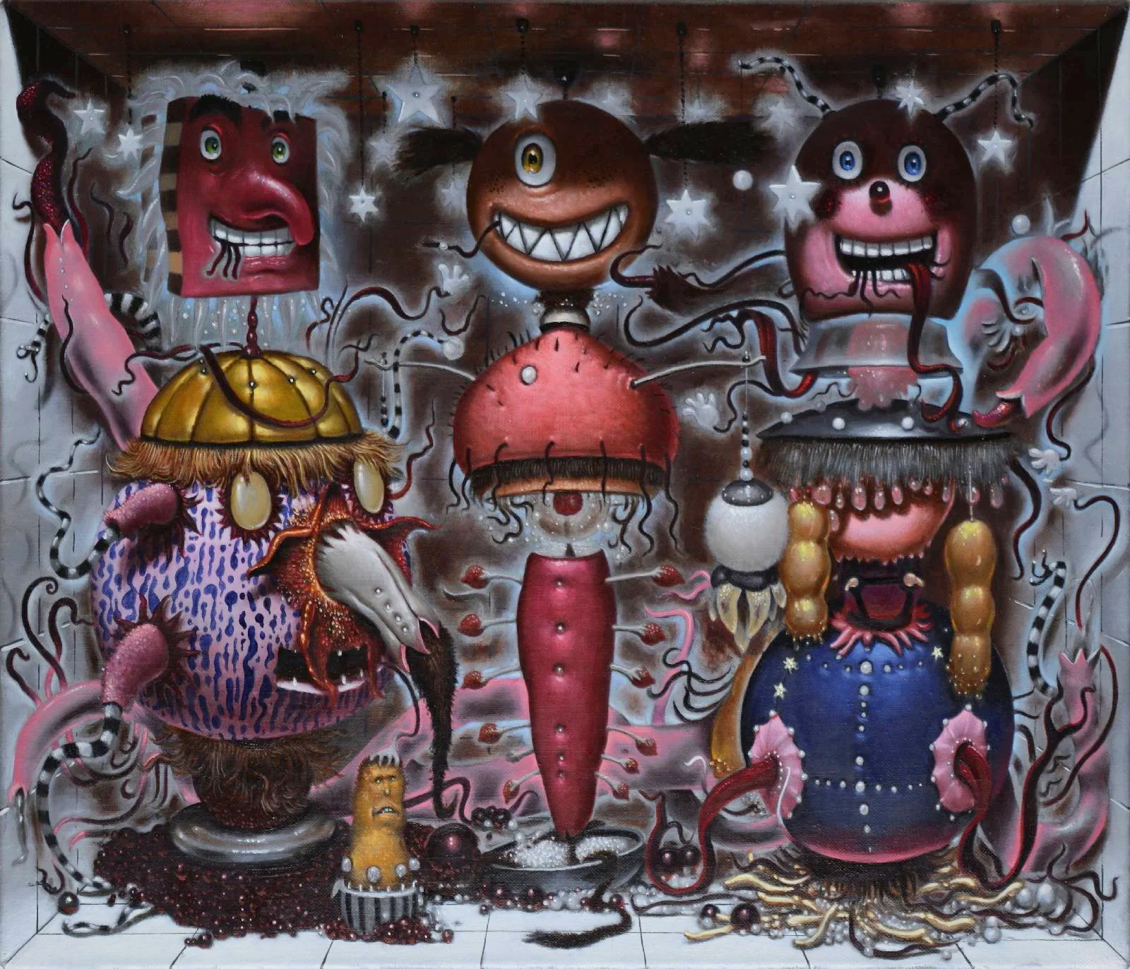 A colorful, surreal mural with various abstract, cartoonish characters interacting. The scene includes faces with exaggerated features, whimsical creatures, and surreal elements like tentacles, stars, and oozy substances, all set against a dark background with swirling lines and patterns.