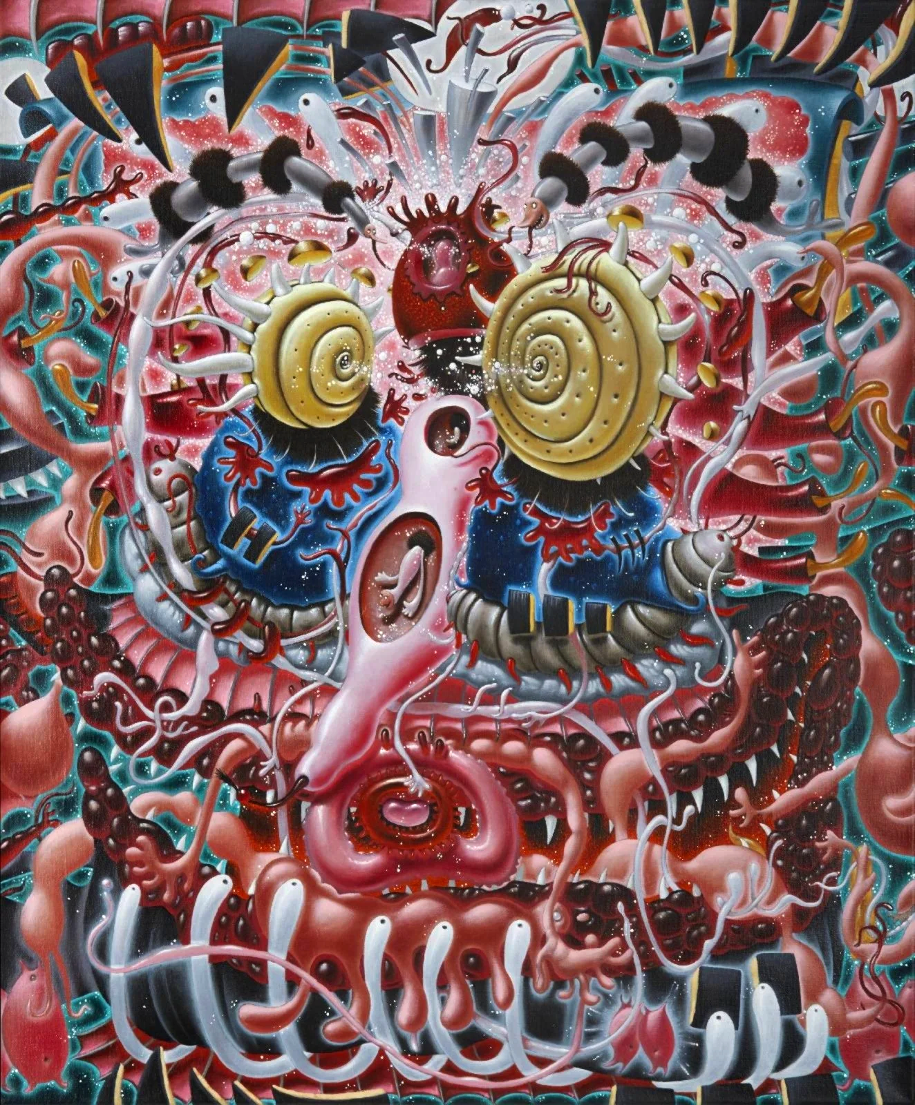A colorful, surreal painting featuring various abstract and biological forms. Central elements include snail shells, alien-like creatures with tentacles, and organic shapes resembling internal body parts. Bright colors and dynamic movement create a chaotic, vivid scene.