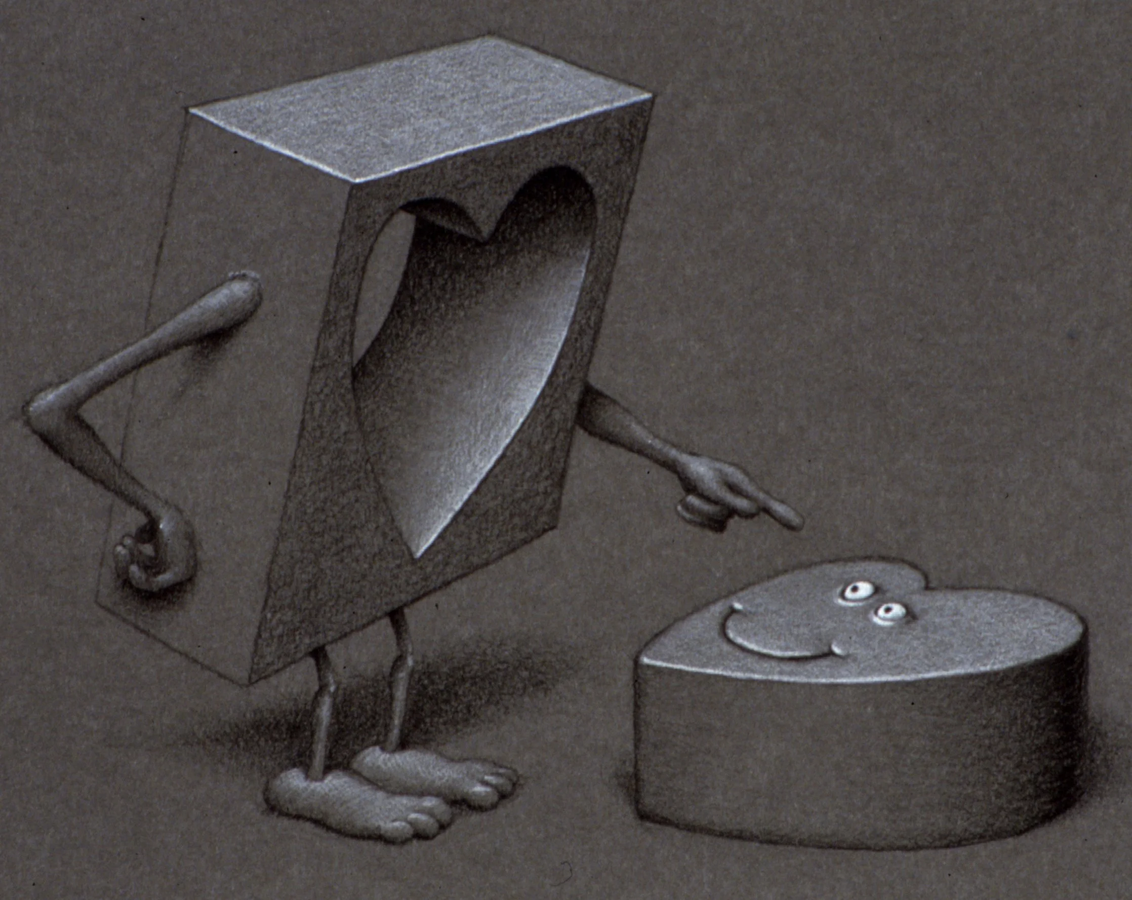 A metallic sculpture of a cat sitting with a rectangular block on its head. The sculpture has a minimalistic design with elongated limbs and stylized eyes, set against a plain background.