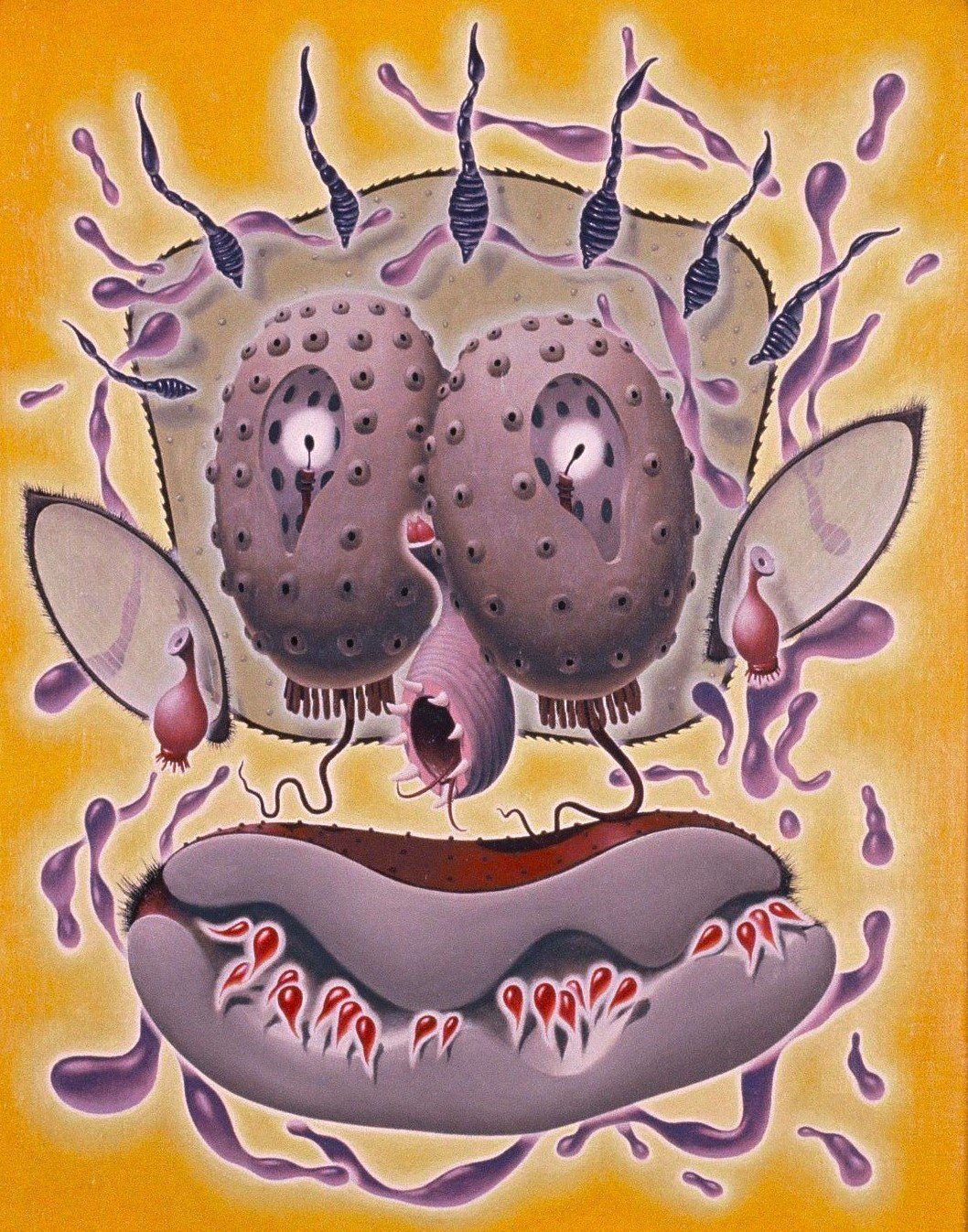 A surreal illustration of a bug with a human face, surrounded by smaller flying insects and abstract elements, set against a yellow background.