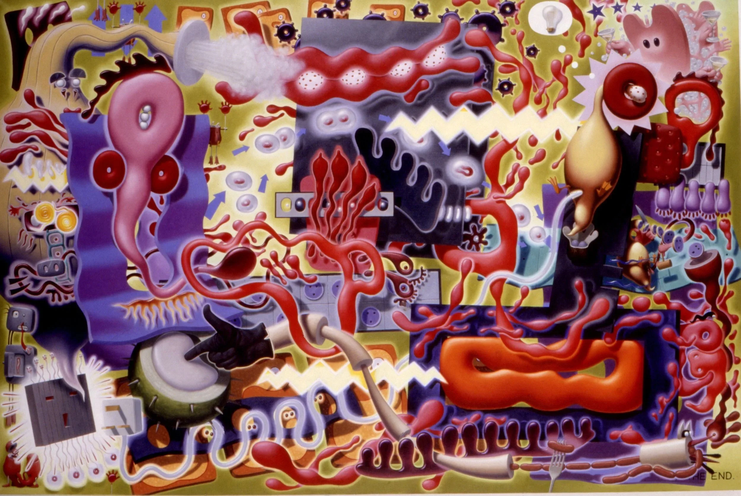 Colorful abstract artwork featuring various shapes, cartoon characters, and symbols, including a pig with a martini glass, a large eye, and various interconnected elements.