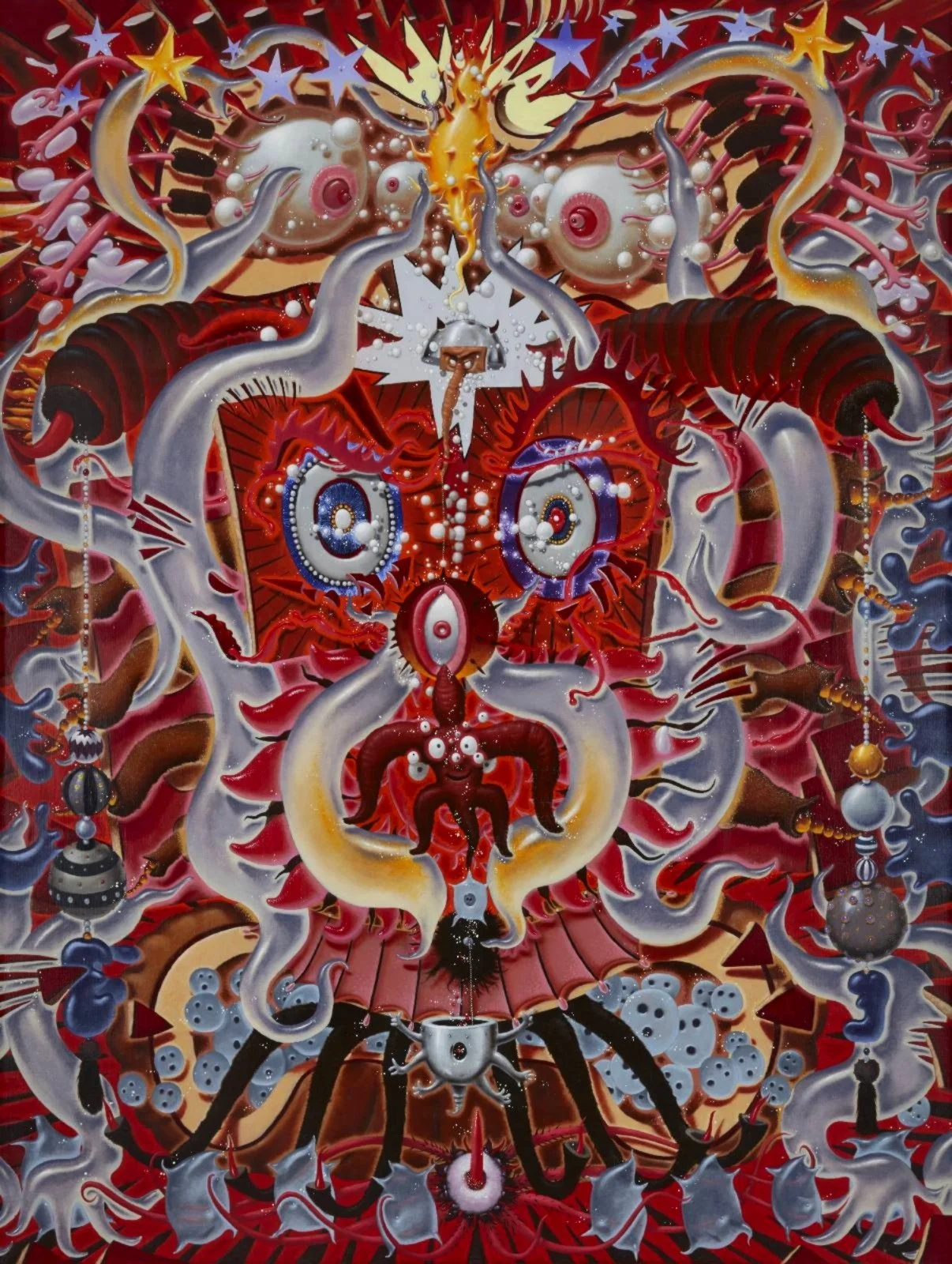 A vivid, surreal painting featuring abstract and fantastical elements, including many tentacle-like structures, eyeballs, stars, and a central face-like figure with wide eyes and swirling patterns in vibrant reds, blues, and whites.
