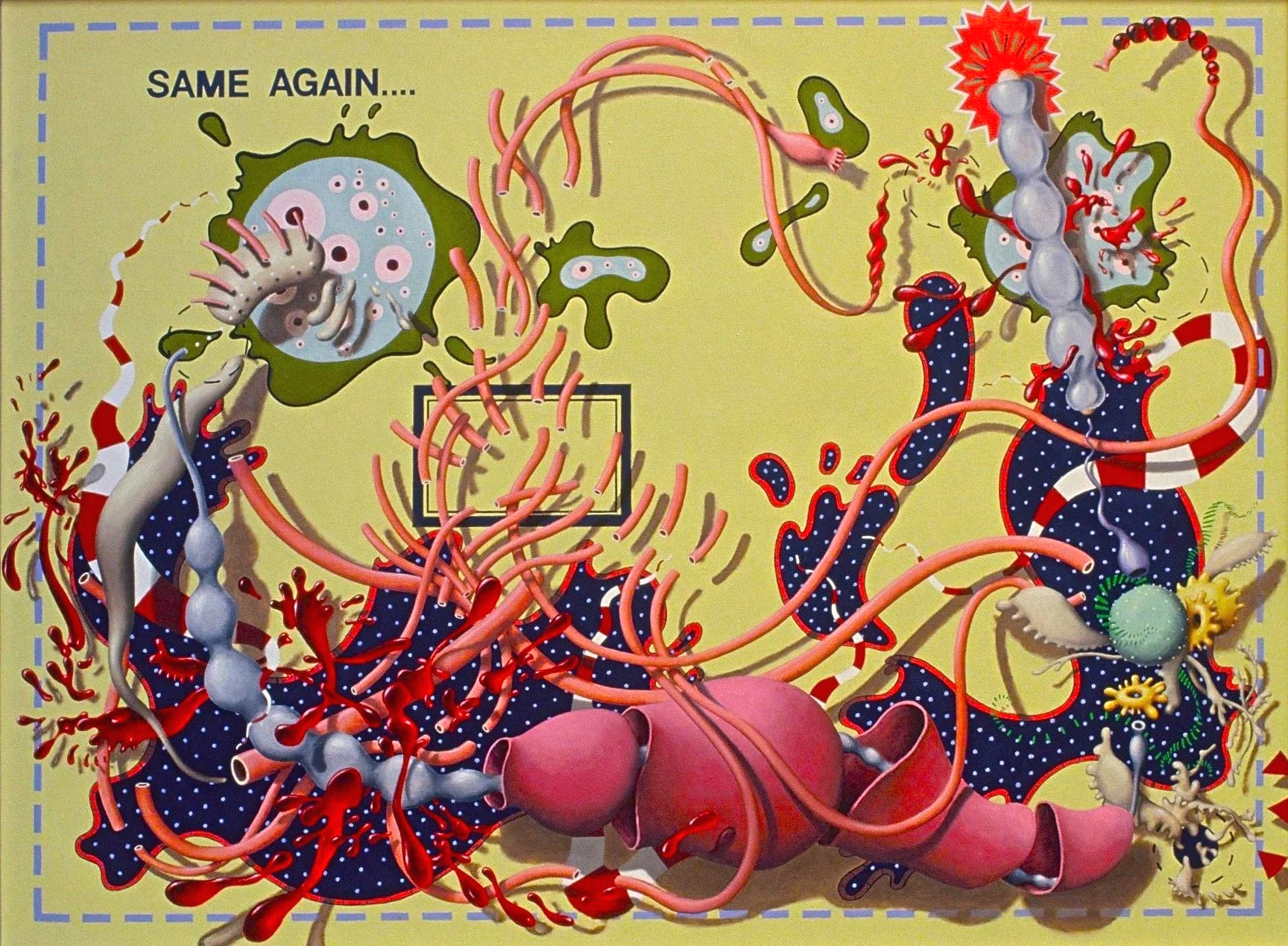 An artistic, colorful illustration of the human circulatory system, including the heart, arteries, veins, and capillaries, with various stylized cells and blood components against a yellow background.