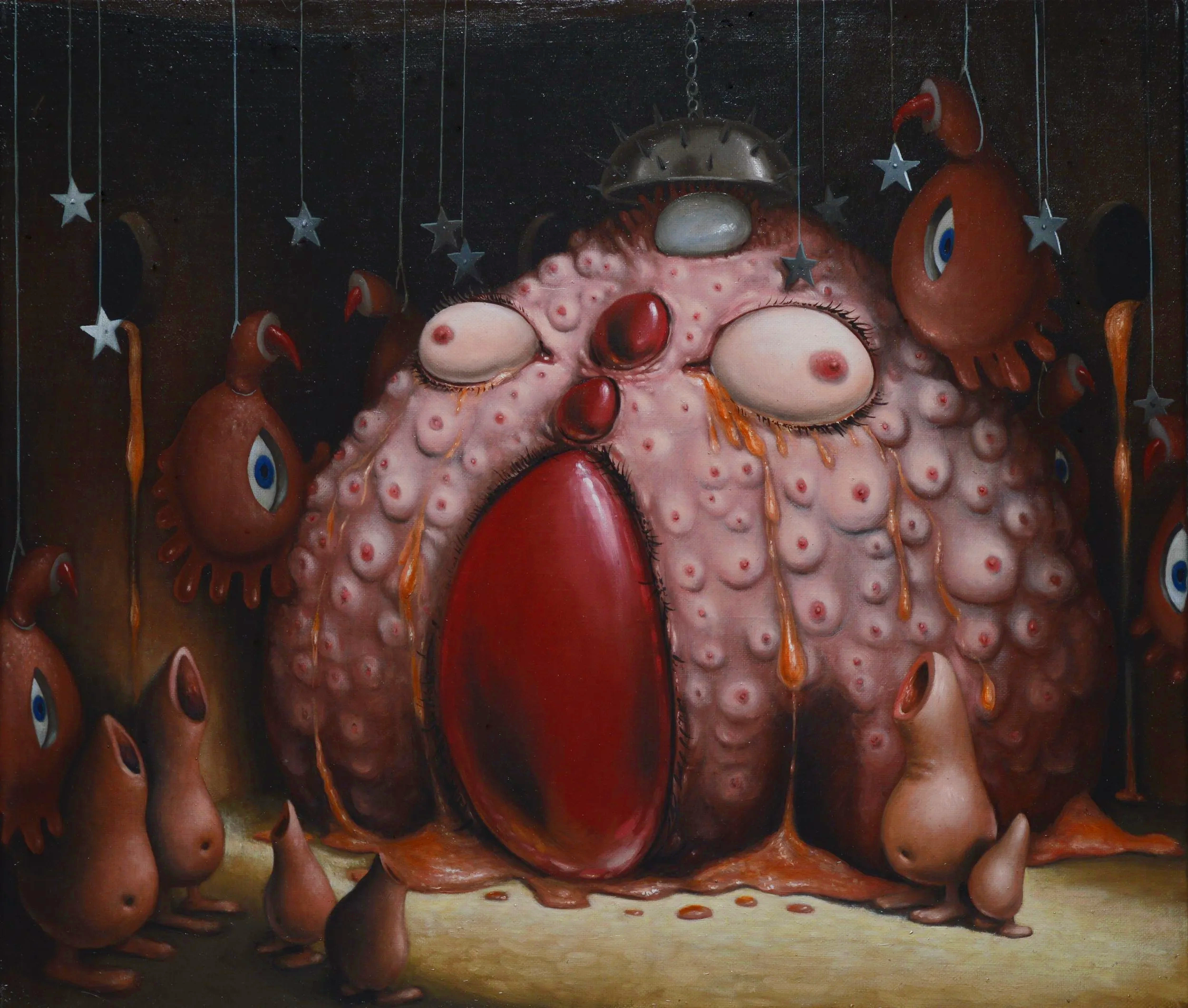 Painting of a clown with an exaggerated red nose, closed eyes, and large ears, surrounded by hanging stars and jellyfish-like forms with human eyes, on a dark background.