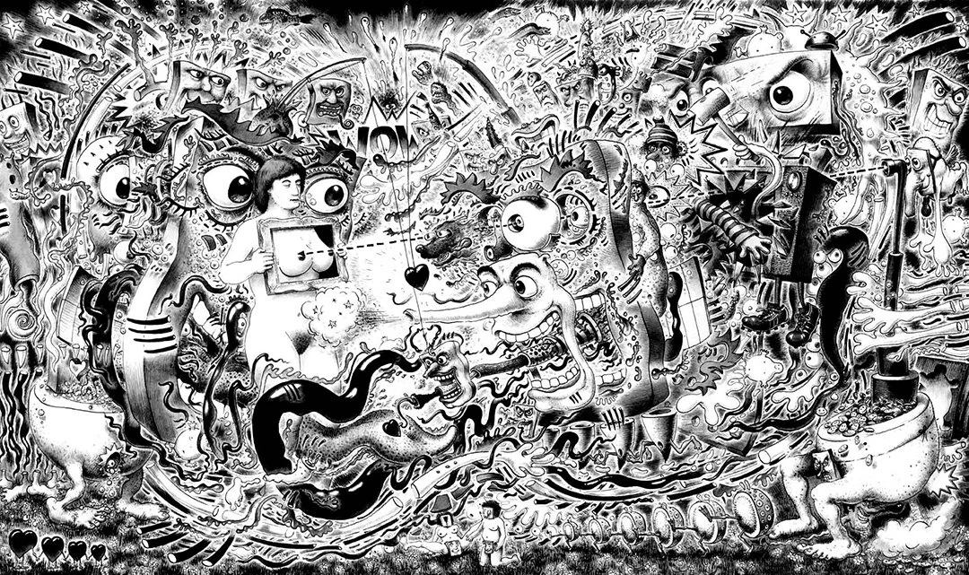 A chaotic black-and-white cartoon scene with various exaggerated characters and monsters interacting in a surreal environment, featuring faces with big eyes, strange creatures, and abstract elements.