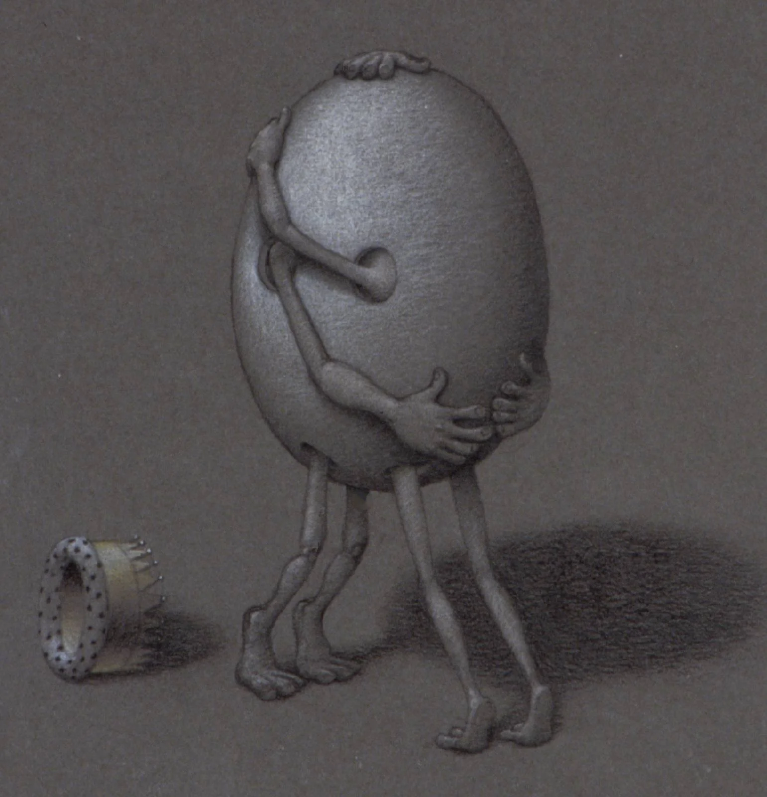 A sculpture of a person hugging a large egg, standing on two legs, with a small object on the floor to the left.