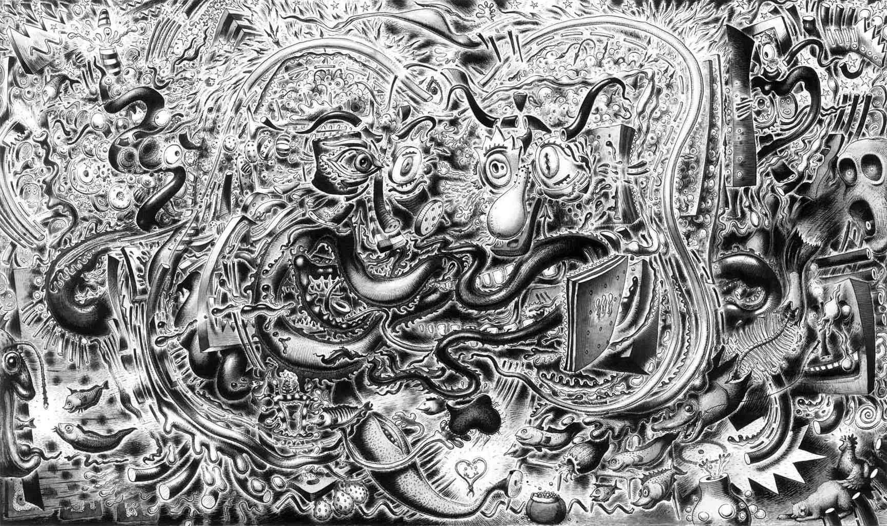 A black and white abstract drawing filled with surreal, fantasy, and cartoon-like monsters, animals, and objects, with various facial expressions and details.
