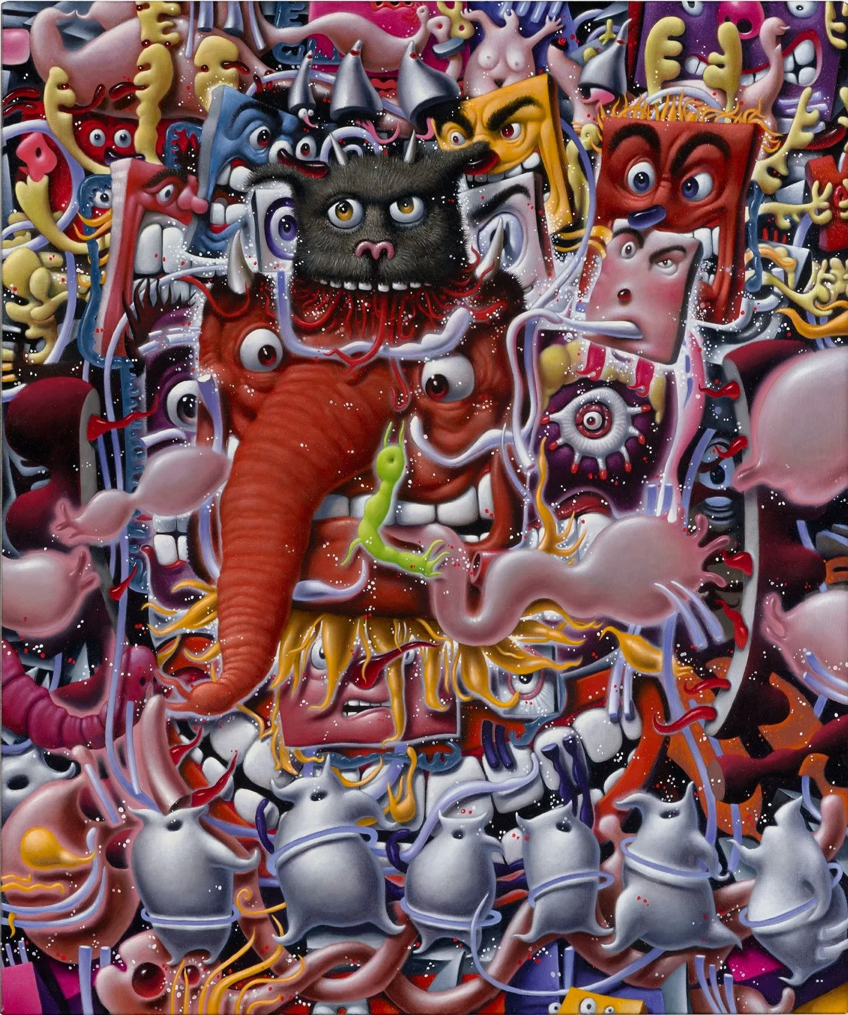Colorful abstract painting with surreal characters and creatures, featuring a central dark feline face with expressive eyes, surrounded by an array of cartoon-like faces, disembodied eyes, amorphous shapes, and various surreal elements in vibrant colors.
