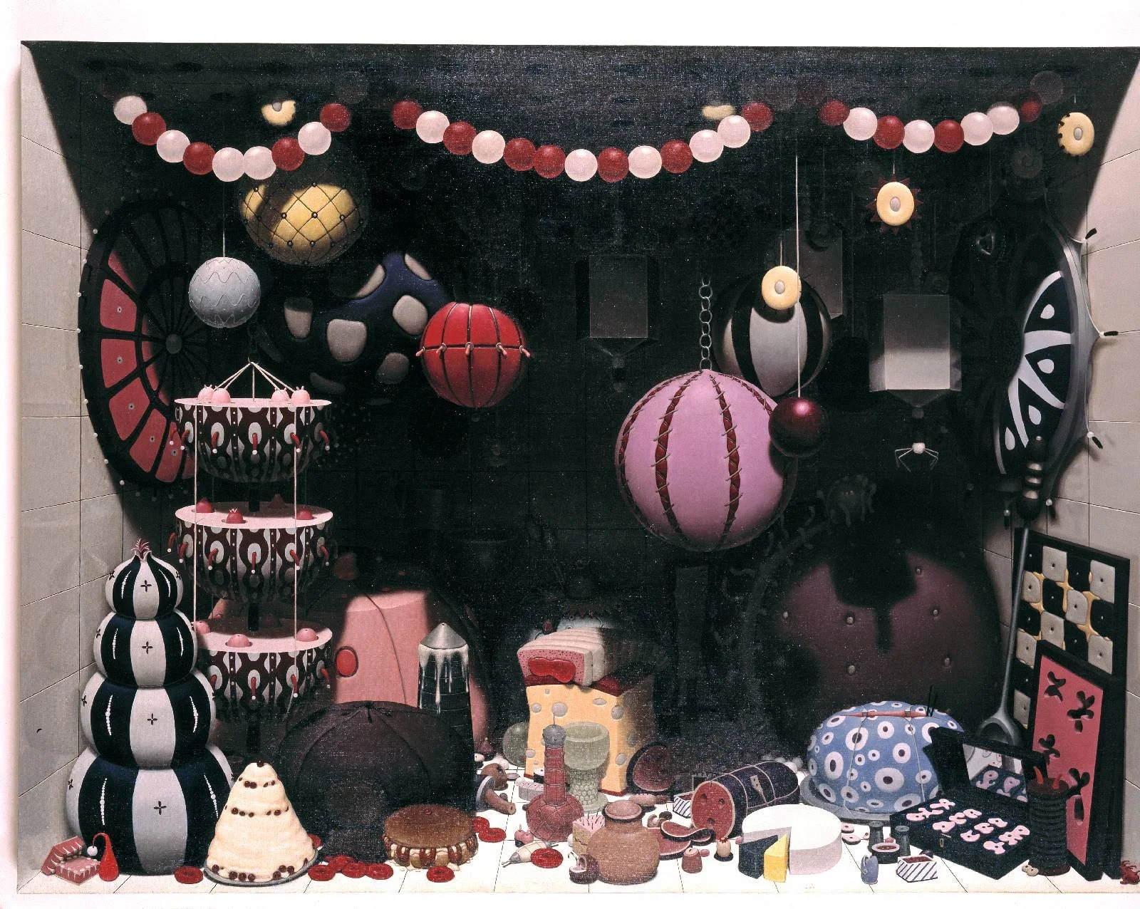 Colorful party decorations, including hanging lanterns, garlands, and tableware with a pink, black, and white color scheme.