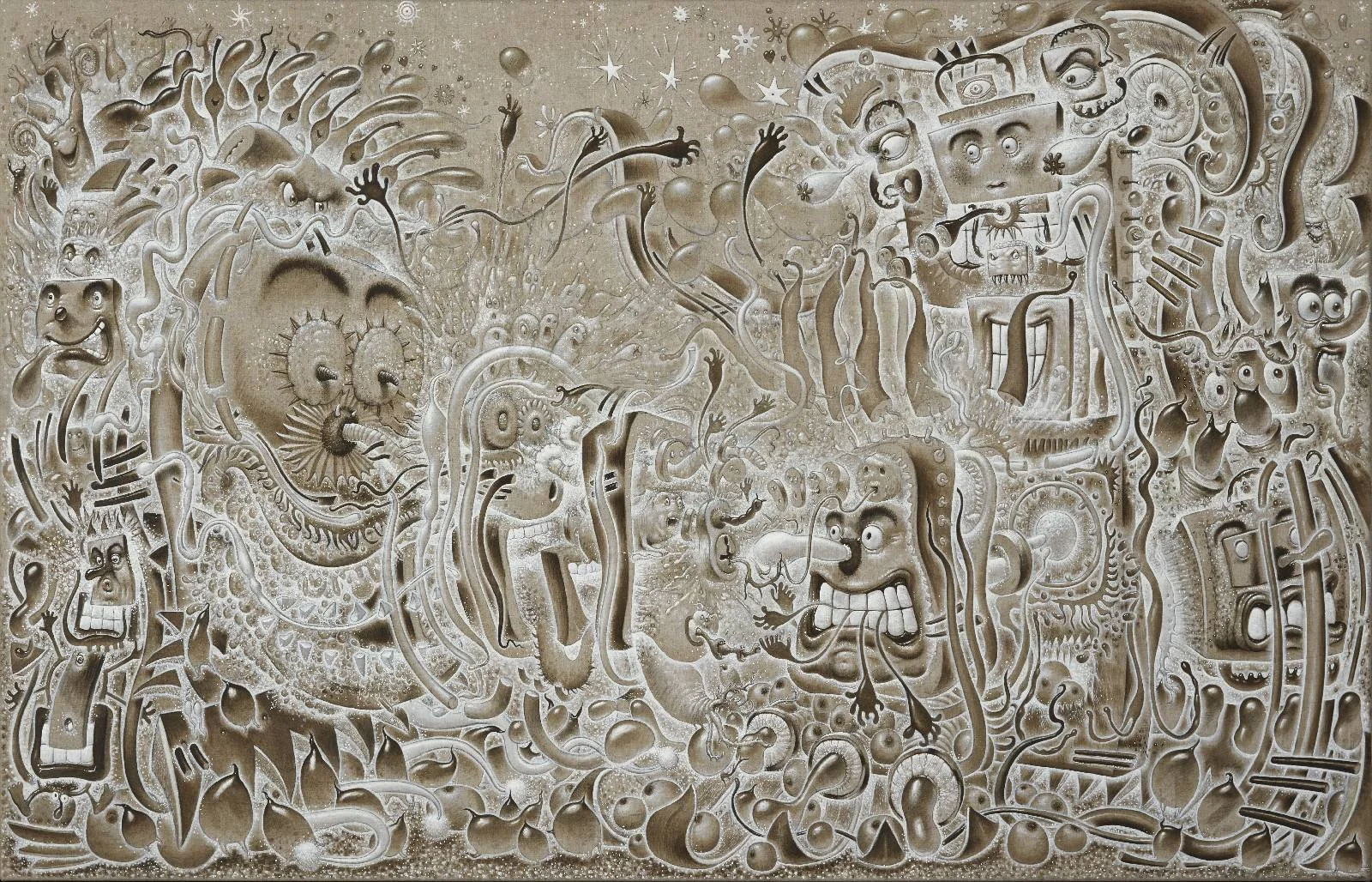 A monochrome surrealistic painting featuring abstract faces, creatures, and symbols with exaggerated facial expressions and intricate details.
