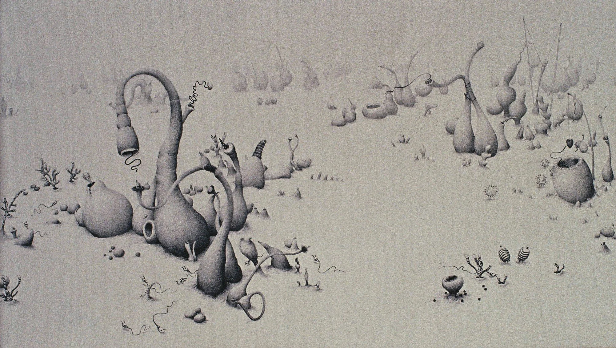Black and white surreal illustration of organic shapes and structures resembling plants or alien life, with some small, spiral or striped elements scattered across the scene