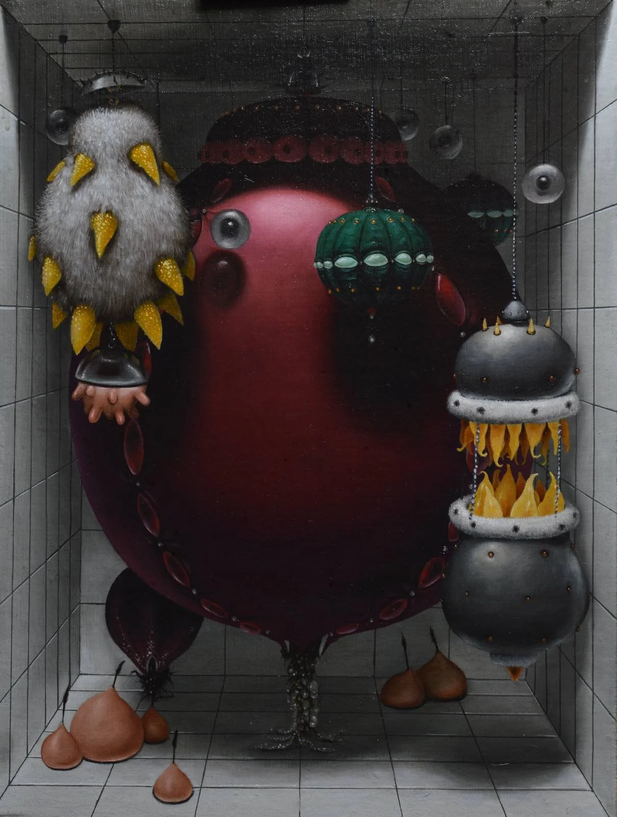 A large artistic sculpture of a creature with a red body, decorated with various ornaments, and two hanging lantern-like structures below it. The sculpture is within a tiled enclosure and surrounded by small, round, orange objects on the floor.