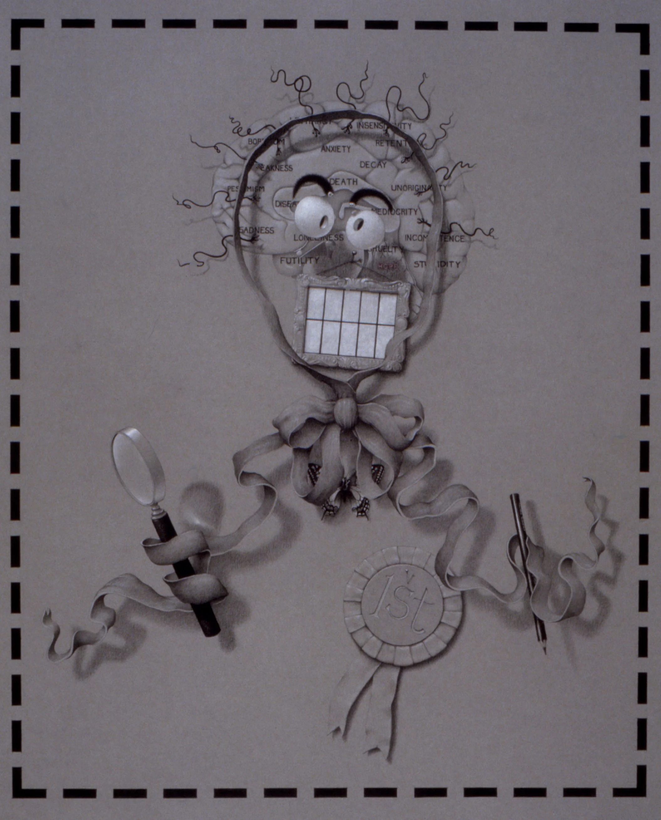 drawing in black and white of a person with a magnifying glass