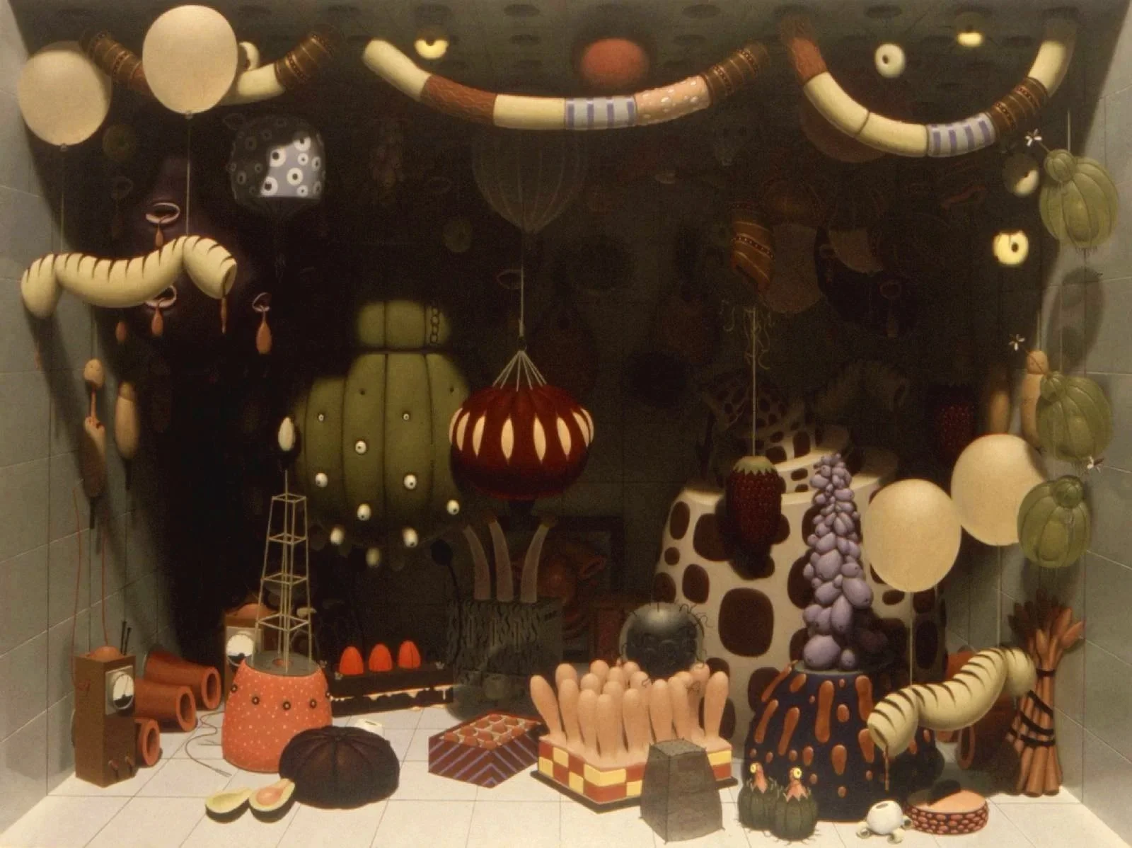 Display of various handcrafted decorative and artistic objects, including lanterns, sculptures, and ornaments in warm colors and organic shapes.
