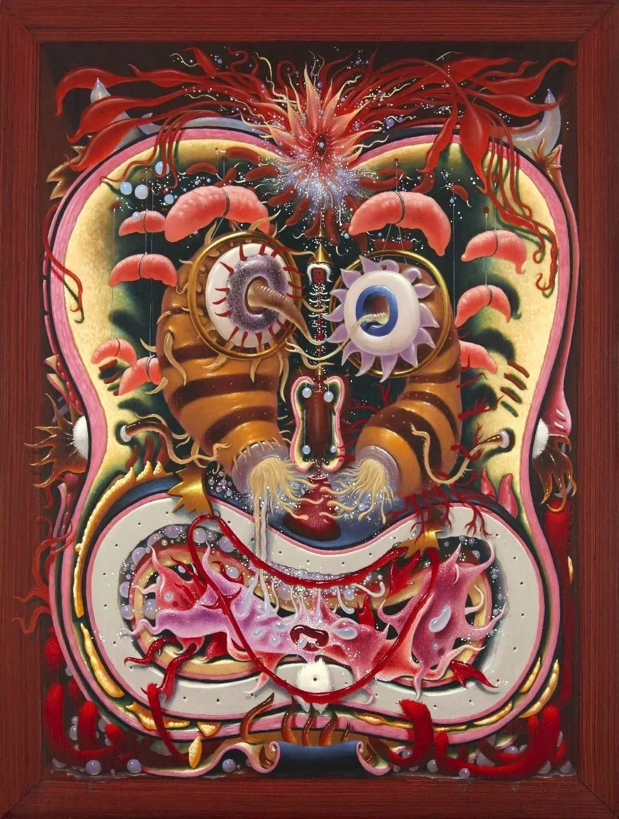 A surreal abstract painting featuring various organic and planetary shapes in vibrant colors, including red, gold, purple, and black, with swirling forms and intricate details.