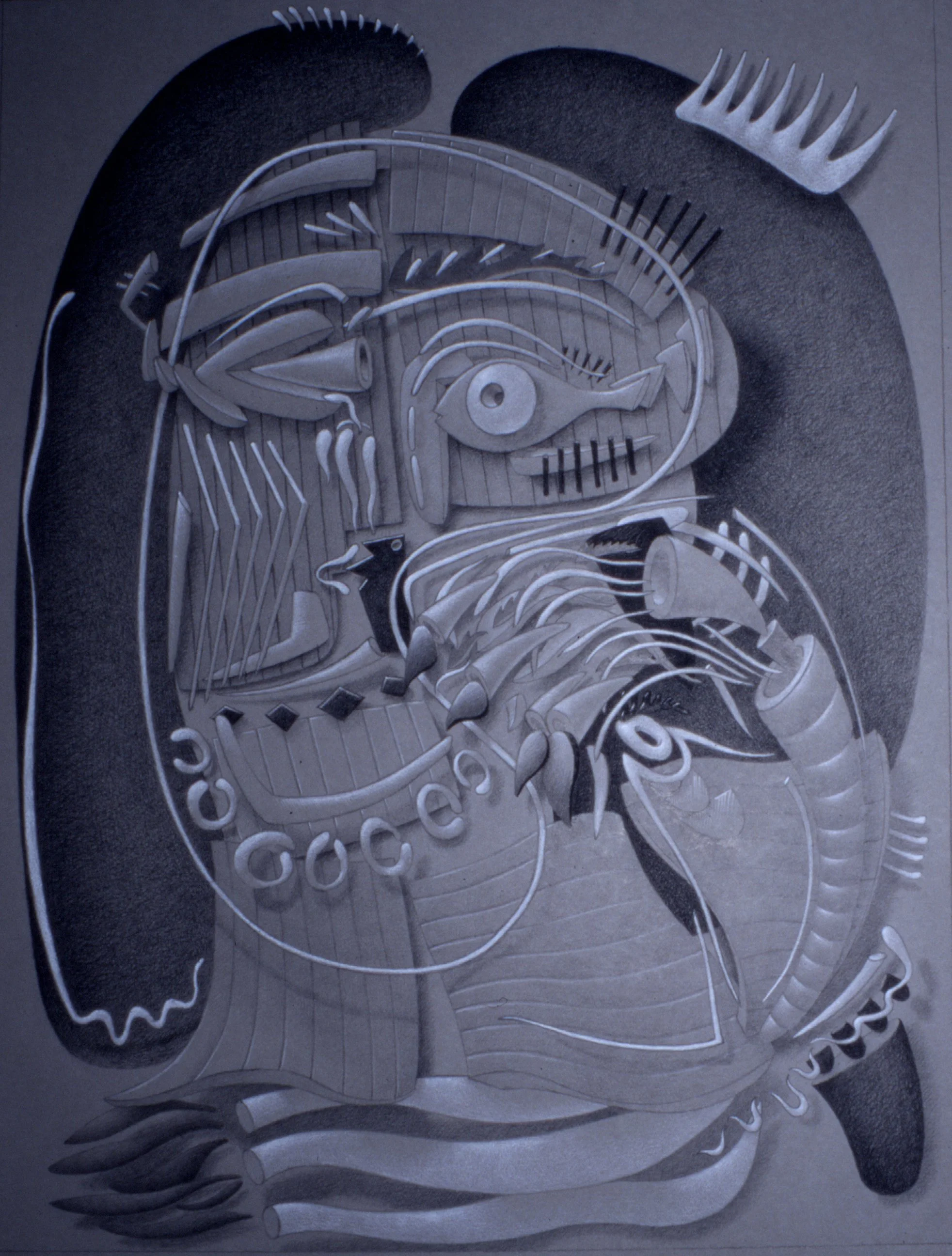Black and white abstract artwork of a fish with exaggerated features, including large eyes, fins, and scales, created with bold lines and shading.