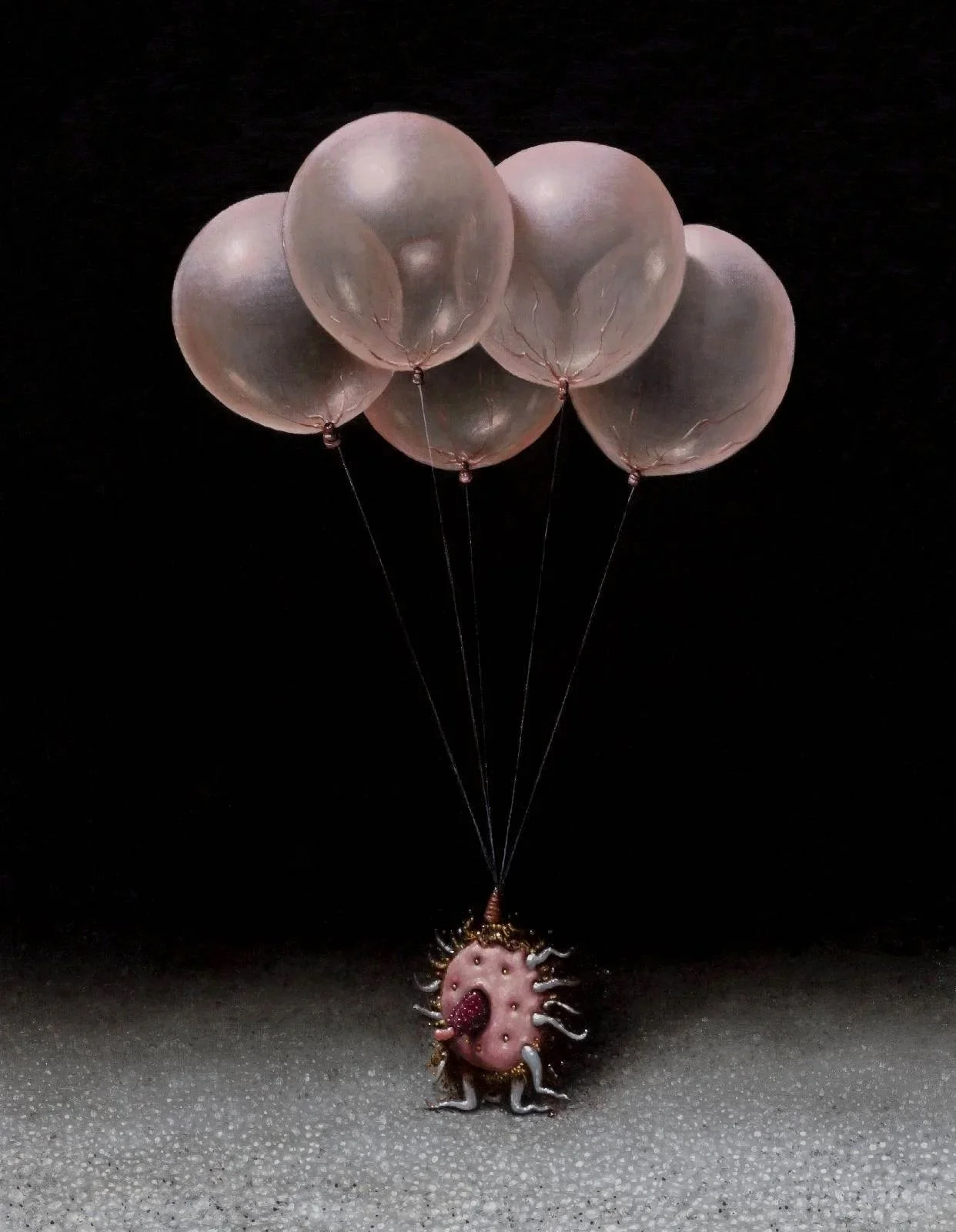 A small, cartoonish creature with a pink body, dressed in a spiked costume, holding five pale pink balloons against a dark background.