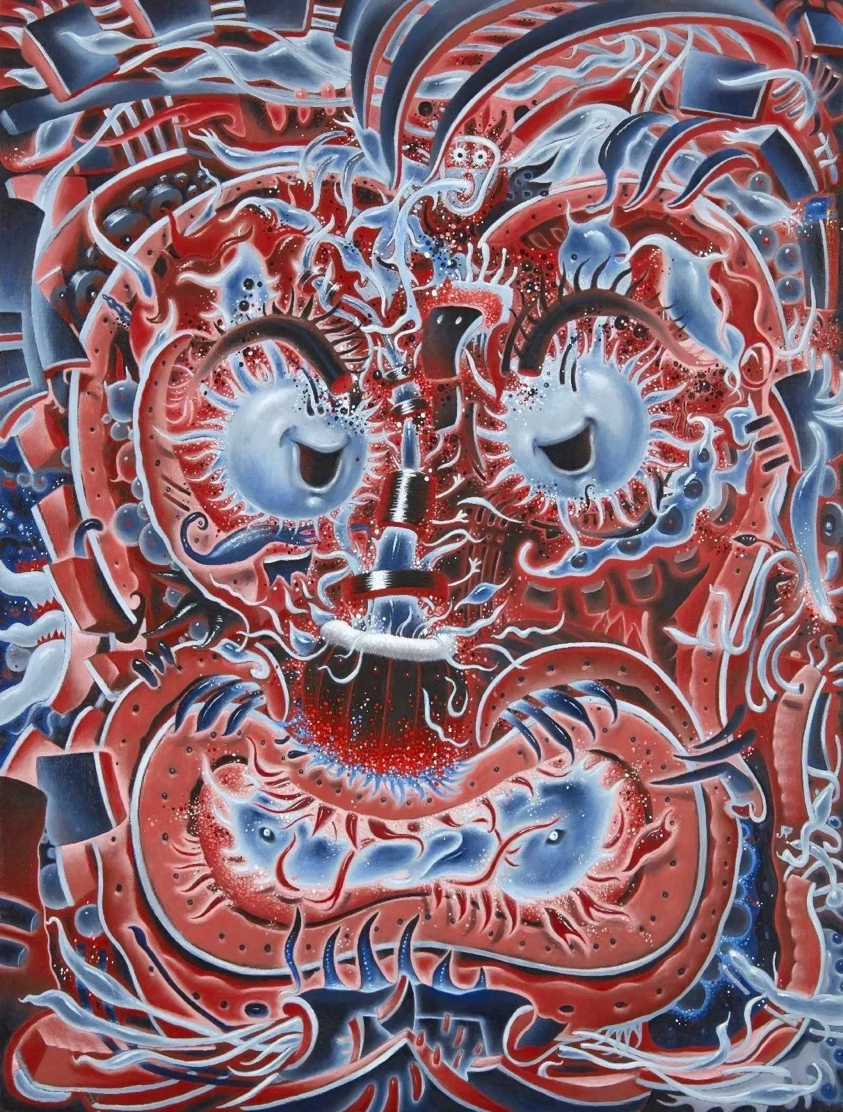 An abstract painting of a face created with mechanical and organic elements, in red, blue, black, and white colors. The face has large, smiling eyes and a wide mouth with sharp teeth, surrounded by interconnected gears, wires, and machinery components.