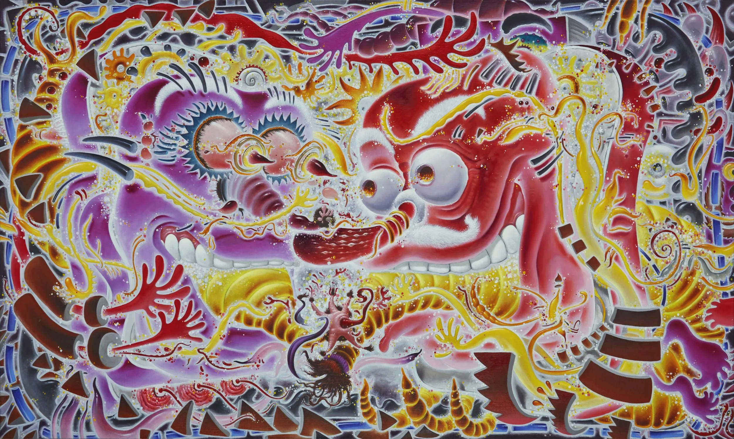 Abstract colorful mural with swirling patterns, geometric shapes, and stylized images of a dragon and face with a large open mouth.