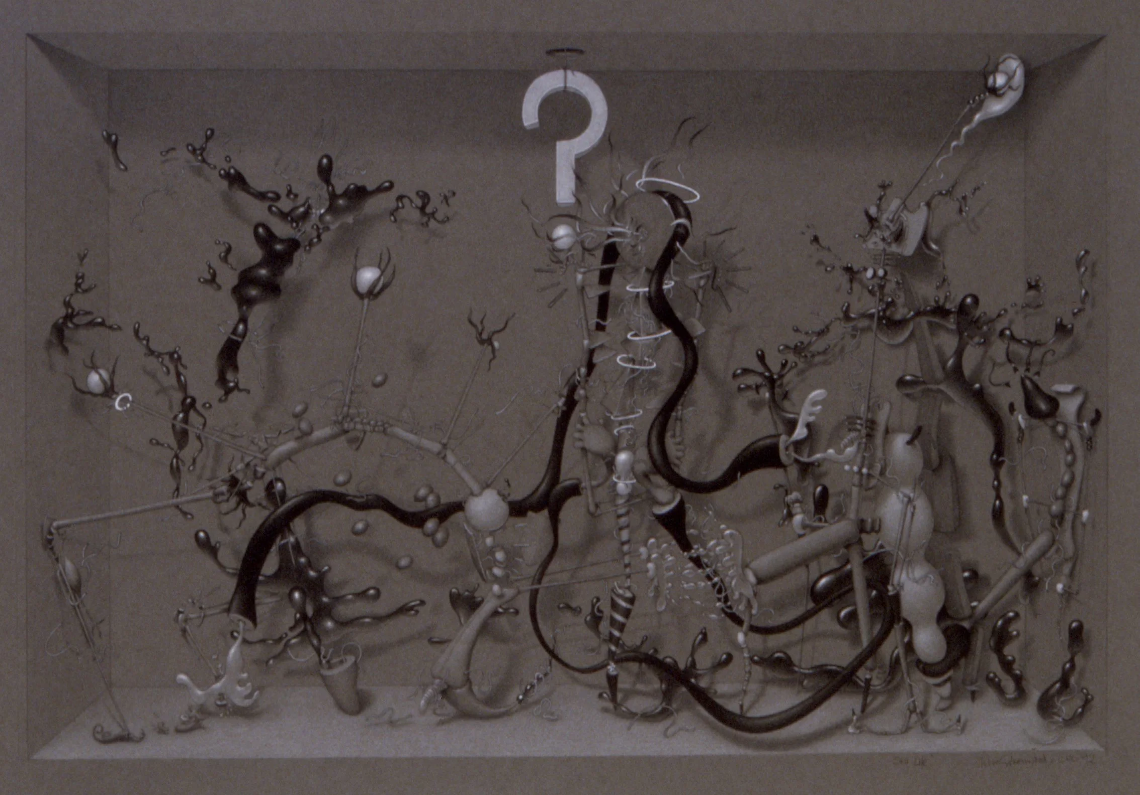 A modern abstract sculpture made of black, white, and silver metal twisted and intertwined, mounted in a shadow box with a gray background and a white question mark at the top center.