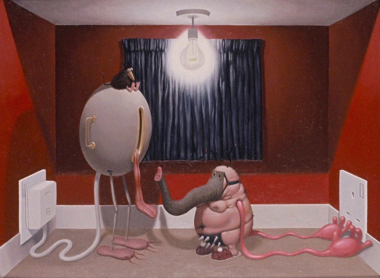 Surreal painting of two anthropomorphic creatures in a room with red walls, a window with black curtains, and a light bulb ceiling fixture. One creature resembles a robot with bird-like features, standing on two metal legs, with a pink tongue and long pink tongue-like appendage. The other creature has a human-like torso, elephant head, and worm-like lower body with multiple legs and a long pink tail connecting to a large pink heart-shaped object on the floor.