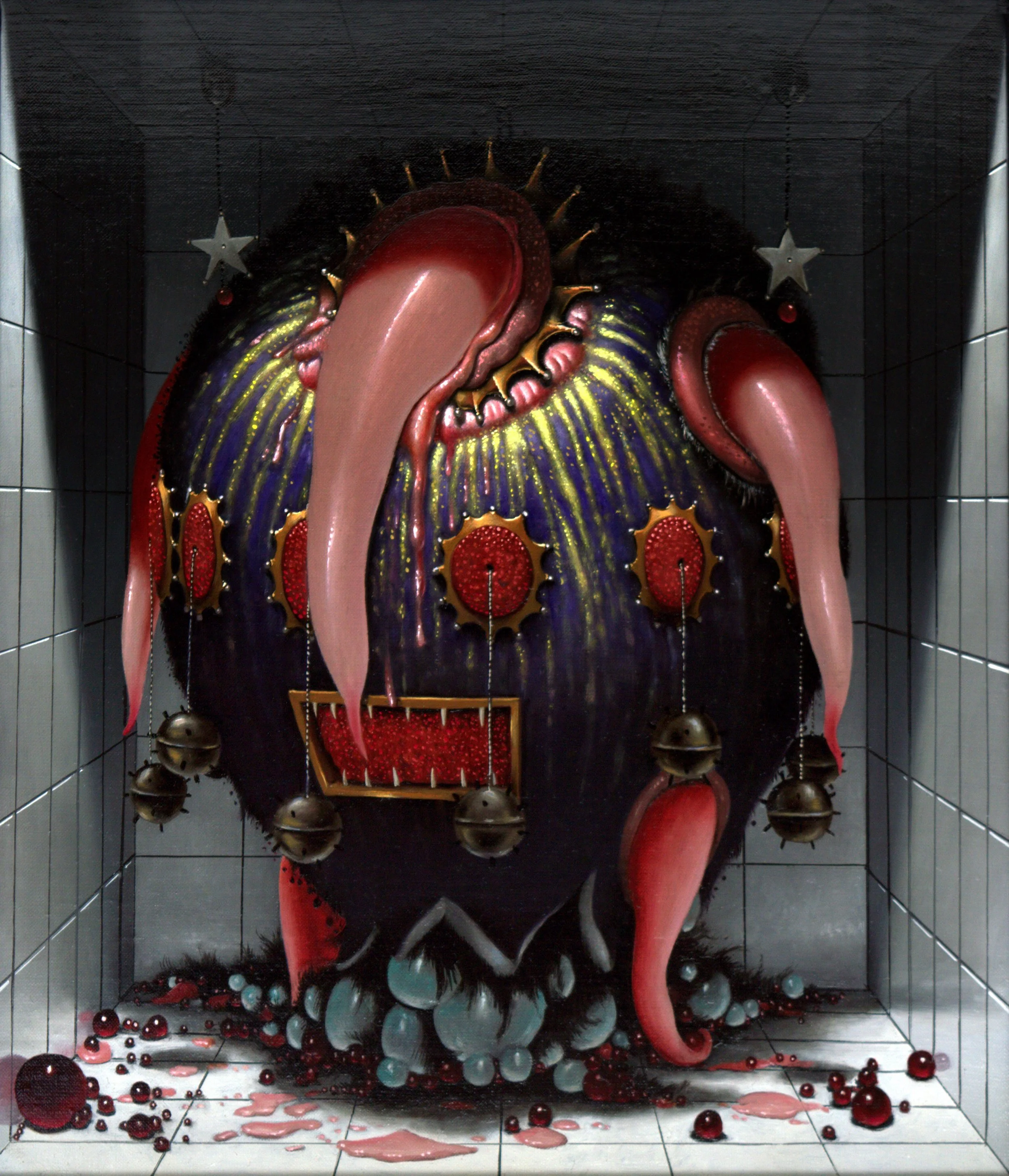 A pinball machine with a horror theme featuring large pink tentacles, blood-red and black balls, and black and red decorations. The background and sides of the machine are tiled in white.
