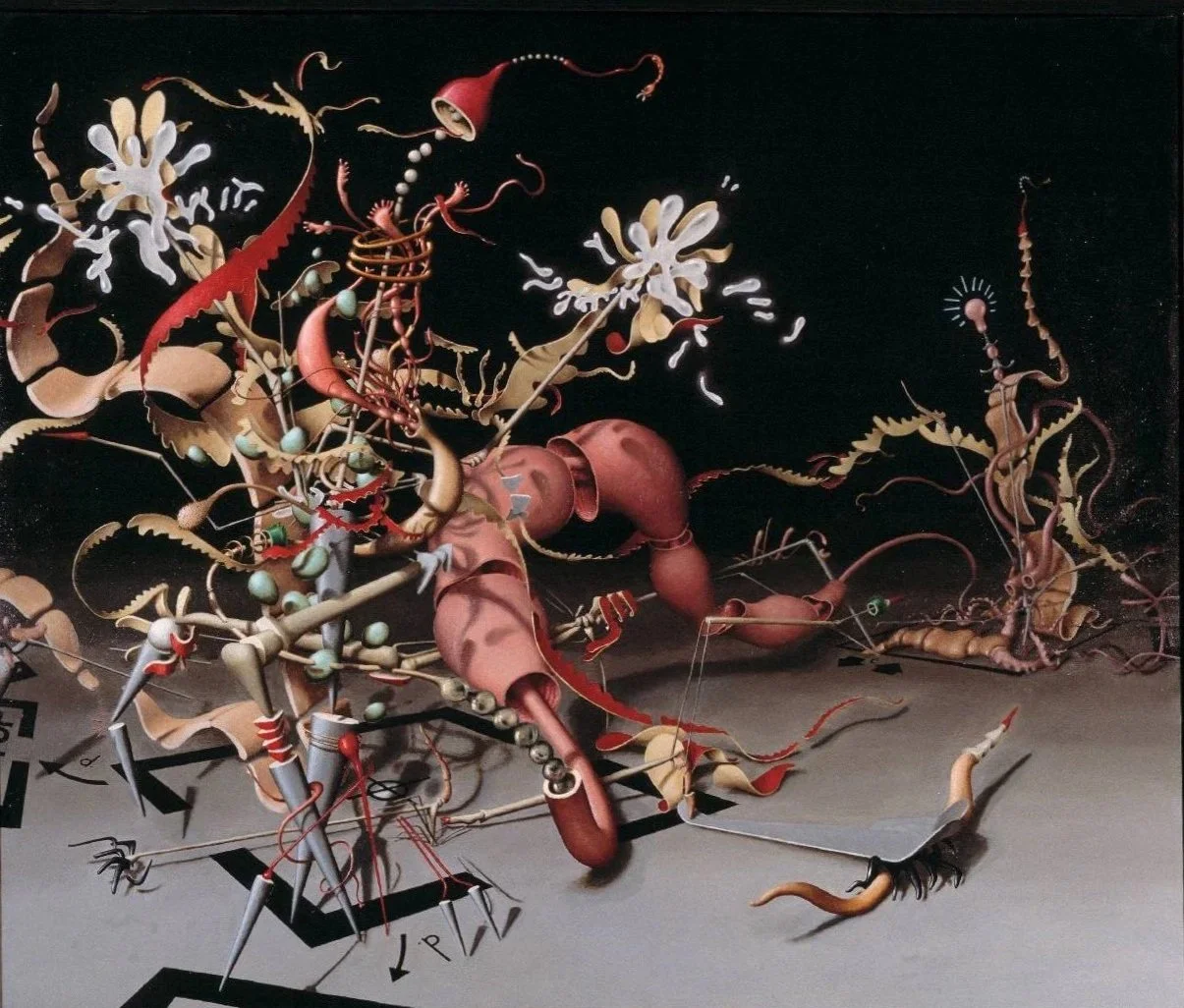 Abstract surreal artwork featuring intertwined organic and mechanical shapes in shades of beige, pink, and red against a black background, resembling a chaotic fusion of biological and robotic elements.