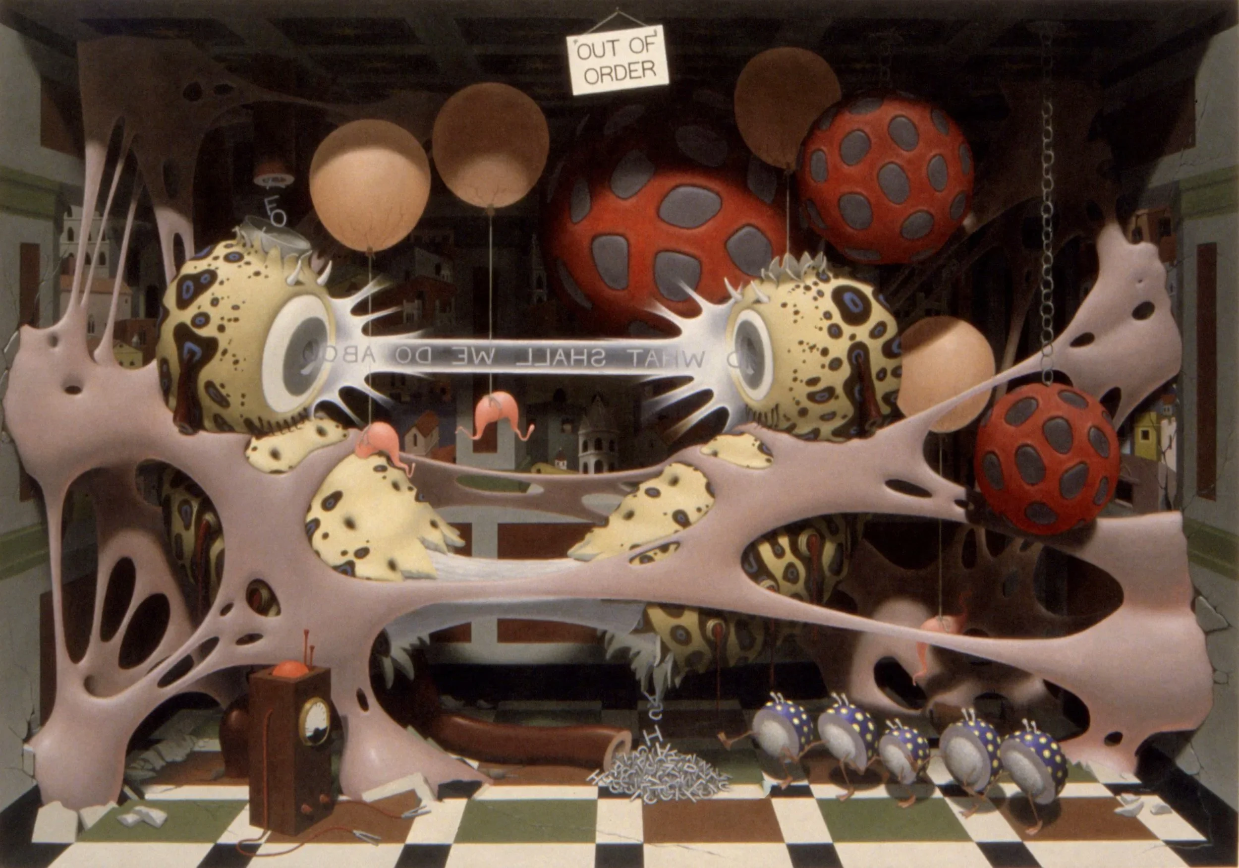 Exhibit featuring large abstract sculptures resembling organic forms with holes and irregular shapes, suspended and arranged with a sign that reads 'OUT OF ORDER' hanging above.