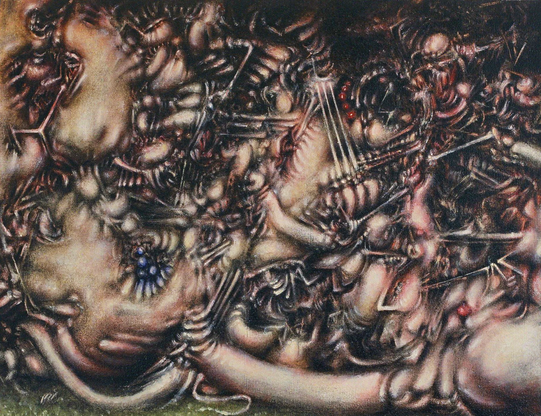 Close-up of a painting depicting intertwined and swirling black, brown, and beige abstract figures and forms, with some red accents and a hint of blue beads on a necklace.