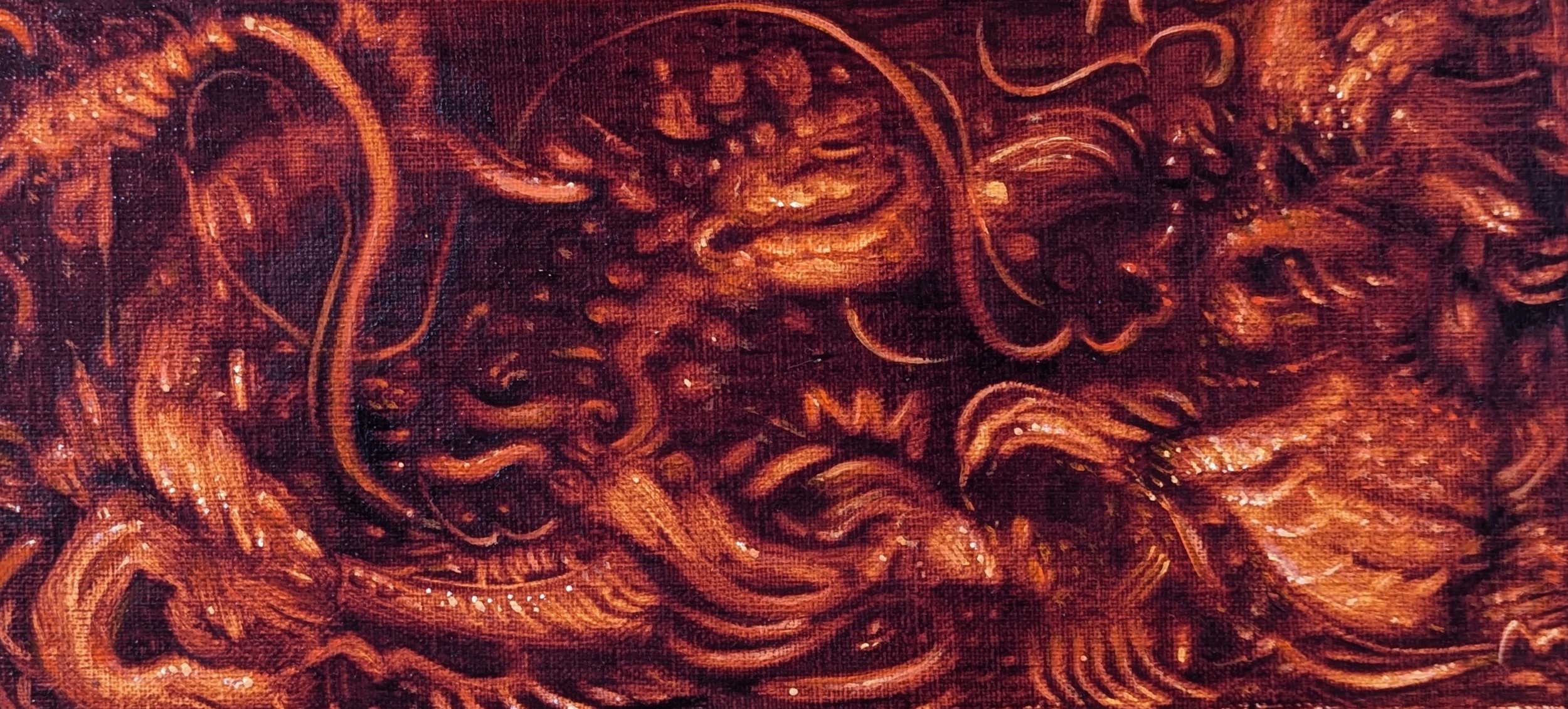 Close-up view of intricate, swirling lines and patterns in shades of bronze, copper, and dark brown, resembling a detailed abstract or artistic decoration.