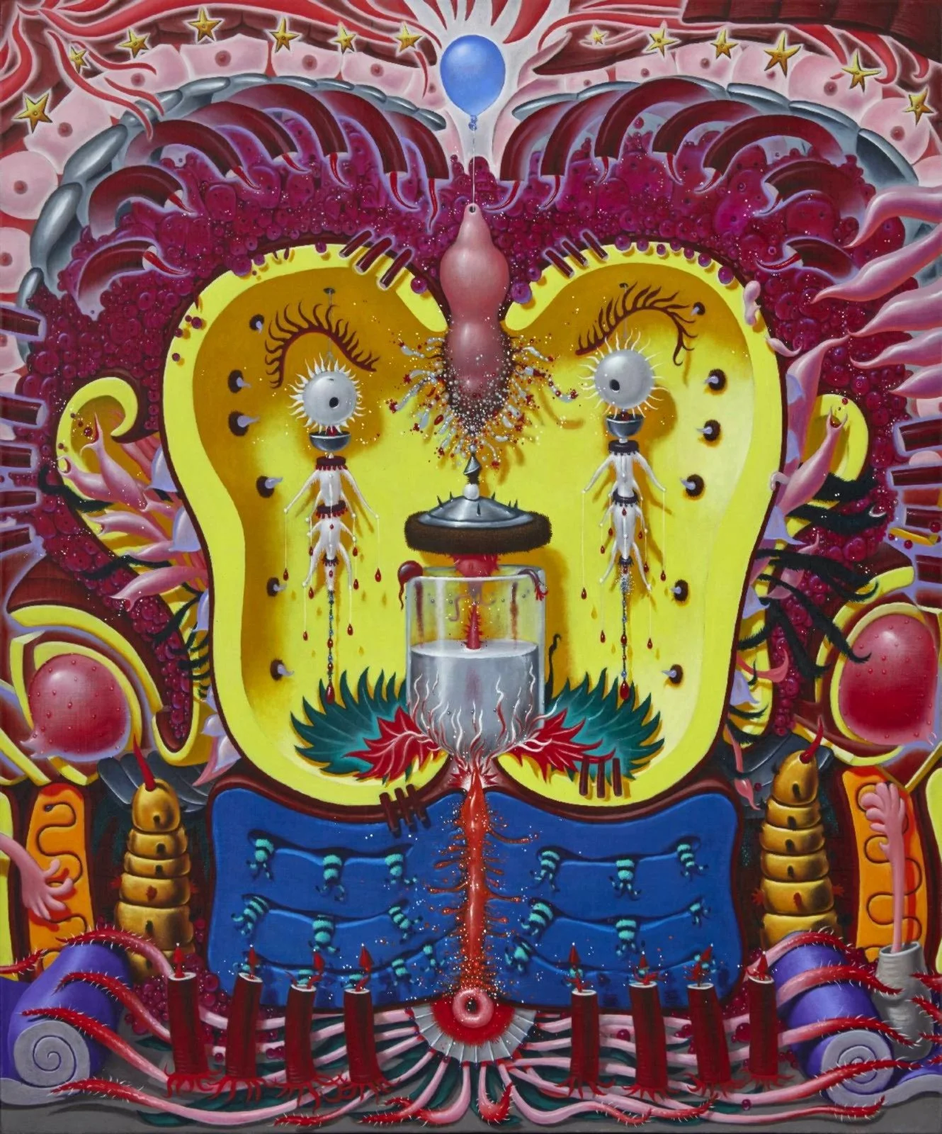 A surreal, colorful painting featuring a yellow face with exaggerated features, glasses, and eyelashes. The face is surrounded by abstract, organic shapes, vibrant colors, and various mechanical and biological elements, including a central candle with dripping wax, sprouting plants, and intricate patterns.