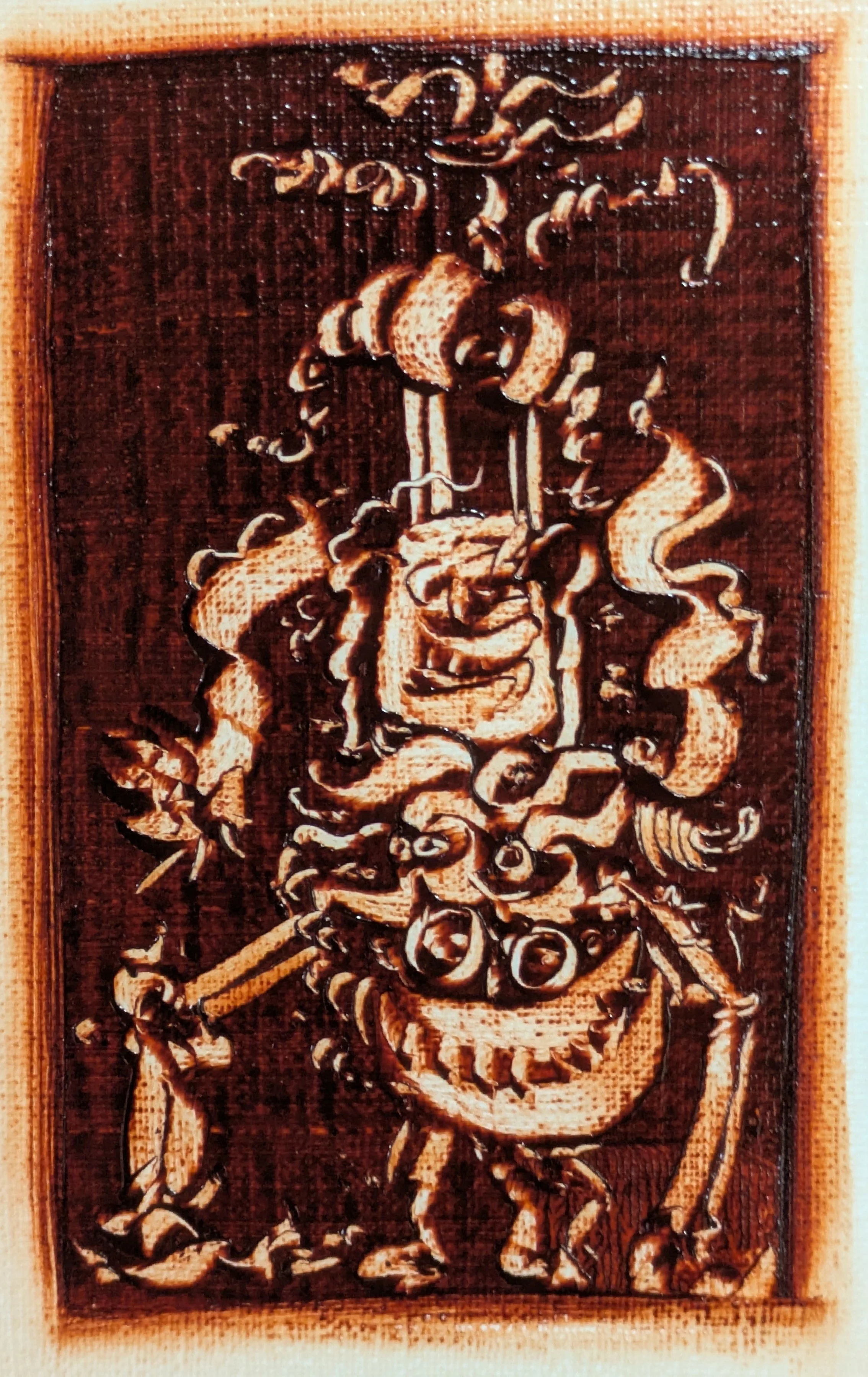 Wooden plaque engraving of Frida Kahlo with flowers and jewelry, using dark and light wood tones.