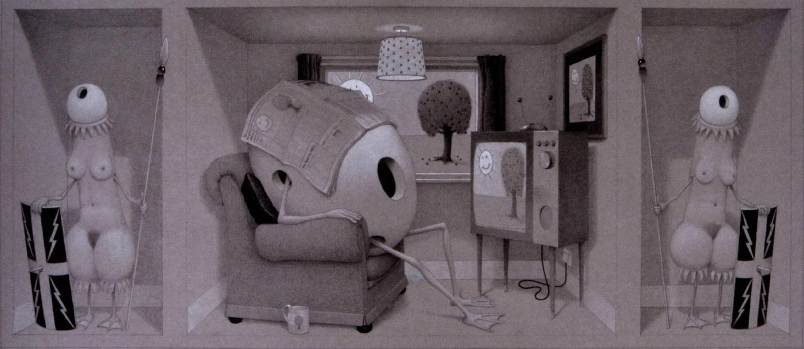 Surreal room with two humanoid figures with television heads, each holding a shield with lightning bolt symbols, and holding hands. One figure is sitting in an armchair with a newspaper on its head. The room contains a television on a stand, a window with curtains showing a tree, and a framed picture on the wall. The scene features monochrome shades and odd, whimsical elements.