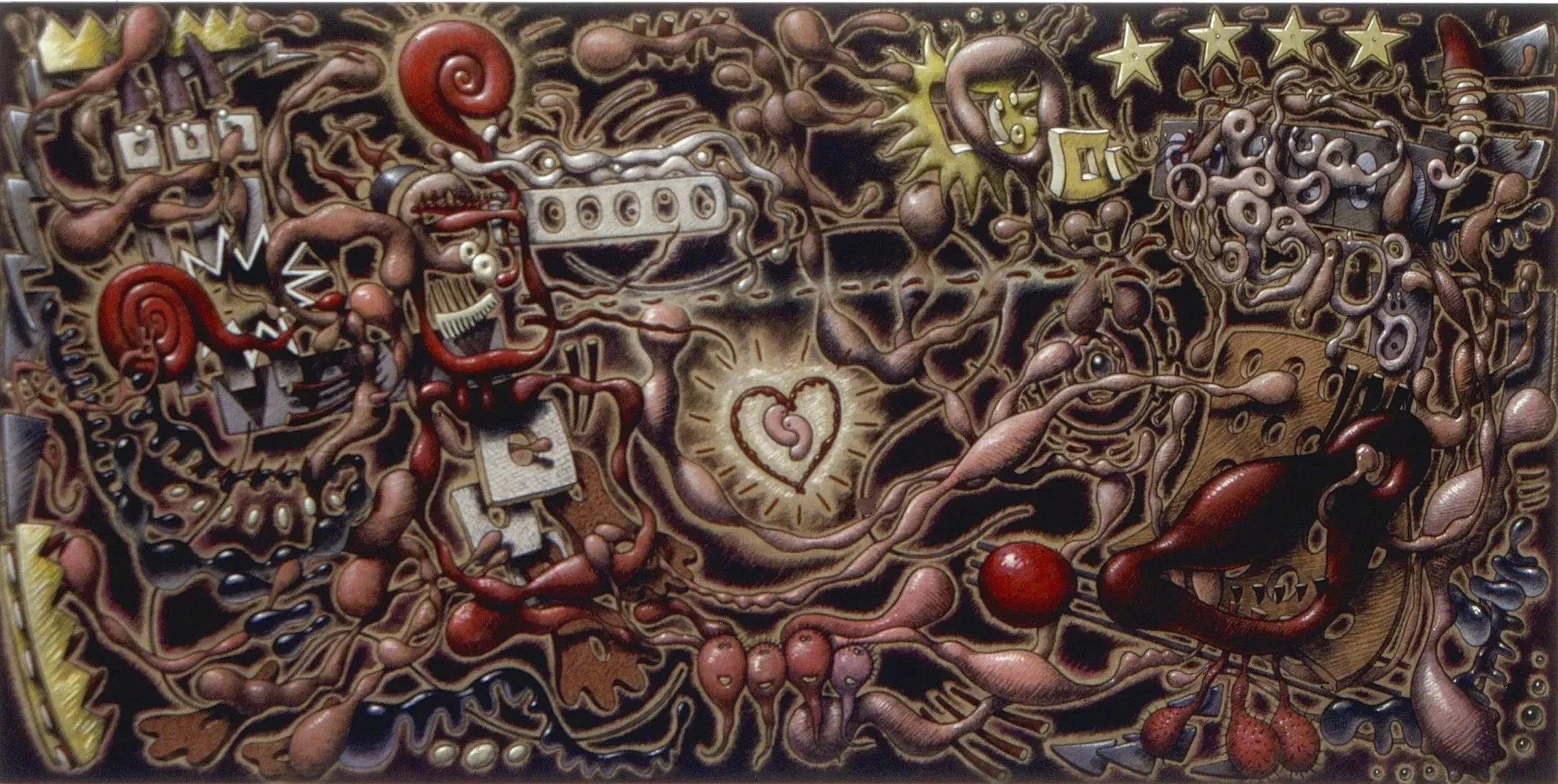 A detailed and colorful abstract artwork filled with organic shapes, musical notes, stars, and a heart at the center, creating a vibrant and complex scene.