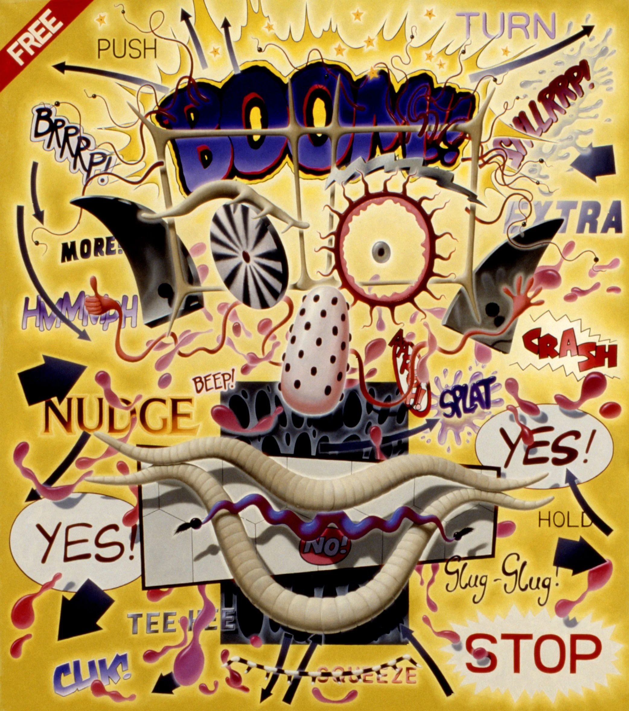yellow oil painting of a face with text around it