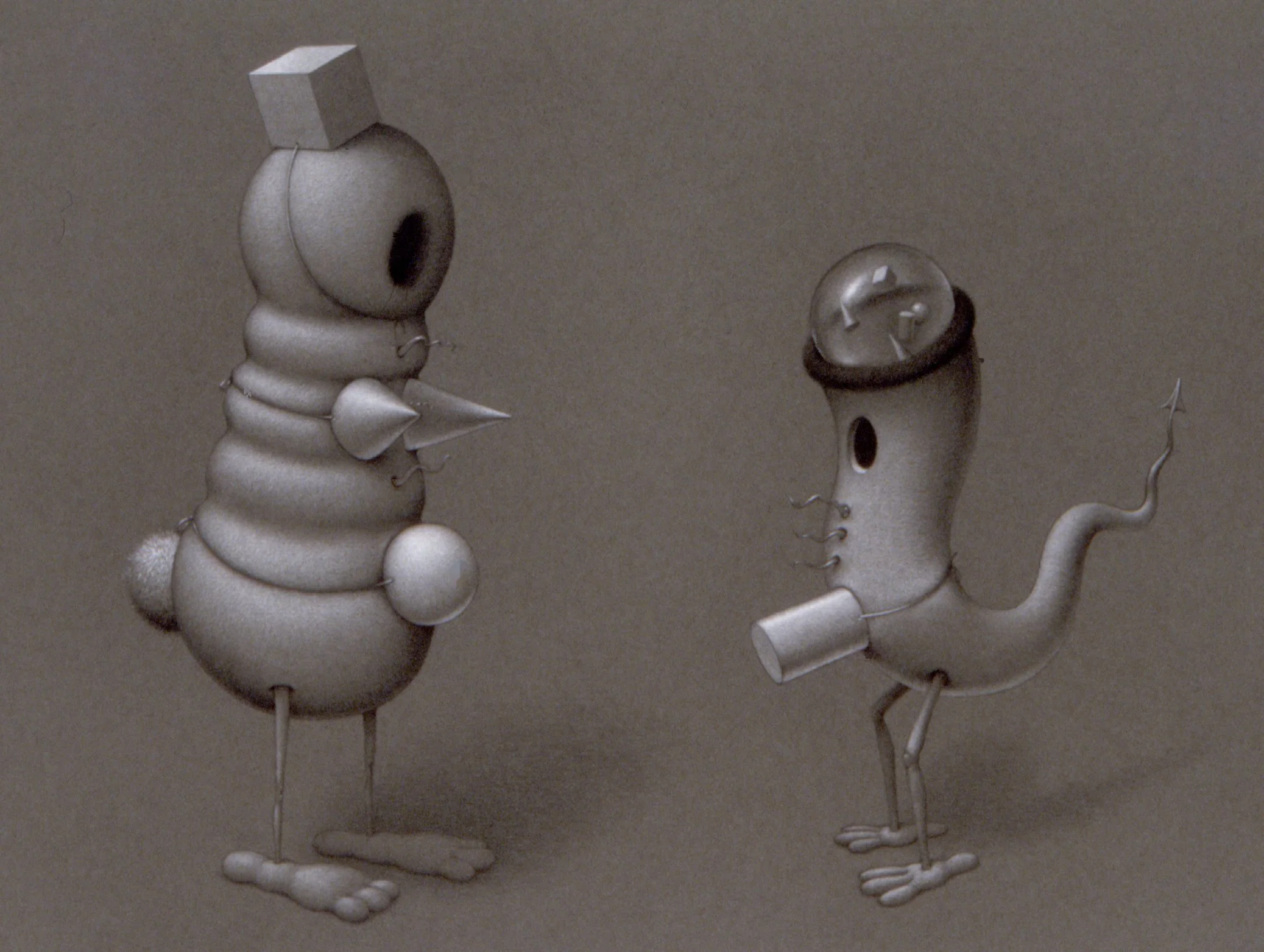 A sculpture of a bird with a curled tail and a large eye, made from a metallic or metallic-like material, standing on a flat surface.