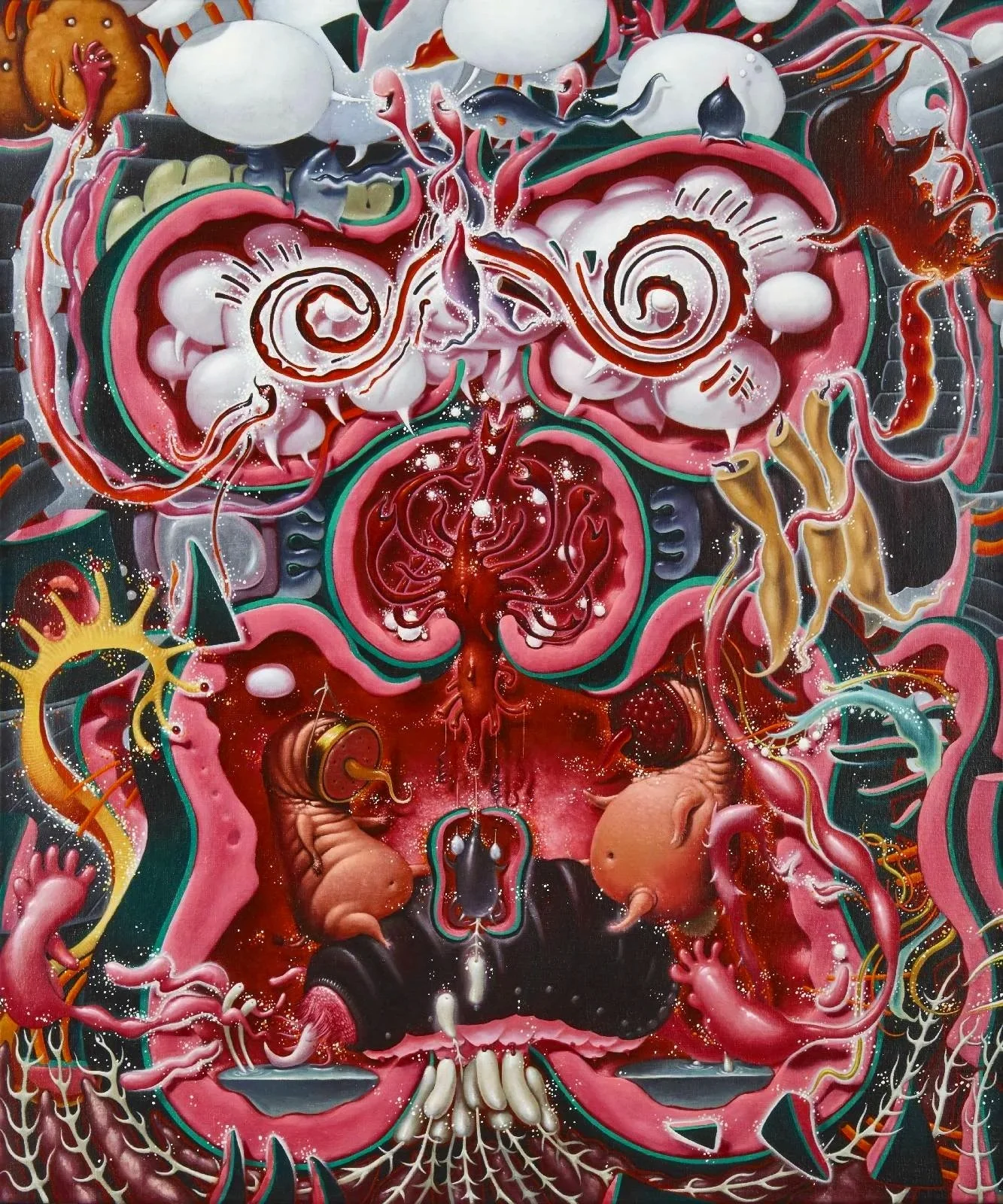 Abstract colorful artwork depicting human skull, internal organs, and cosmic elements with vibrant red, pink, green, and yellow hues.