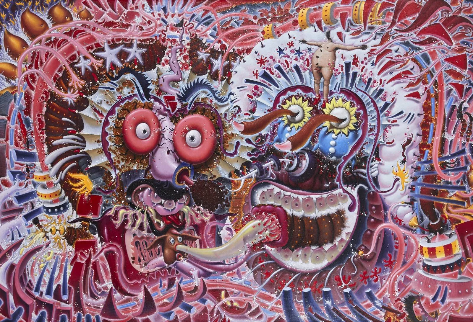 A surreal and chaotic painting featuring a variety of bizarre, fantastical creatures and objects. It includes a mouth with protruding teeth, googly eyes, tentacles, abstract shapes, and distorted figures in bold, contrasting colors.
