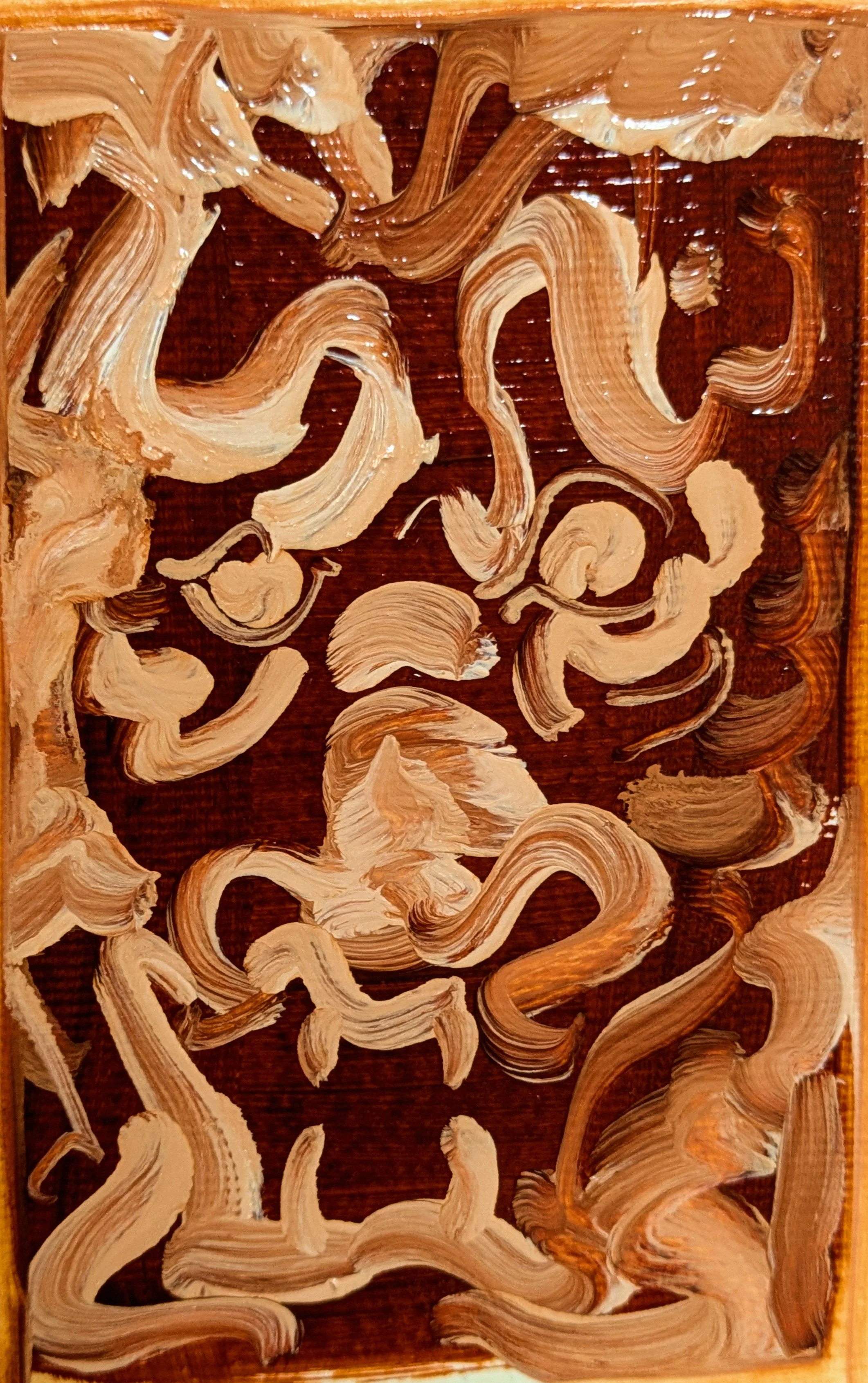 Abstract oil painting with swirling beige, brown, and cream strokes on a dark brown background.
