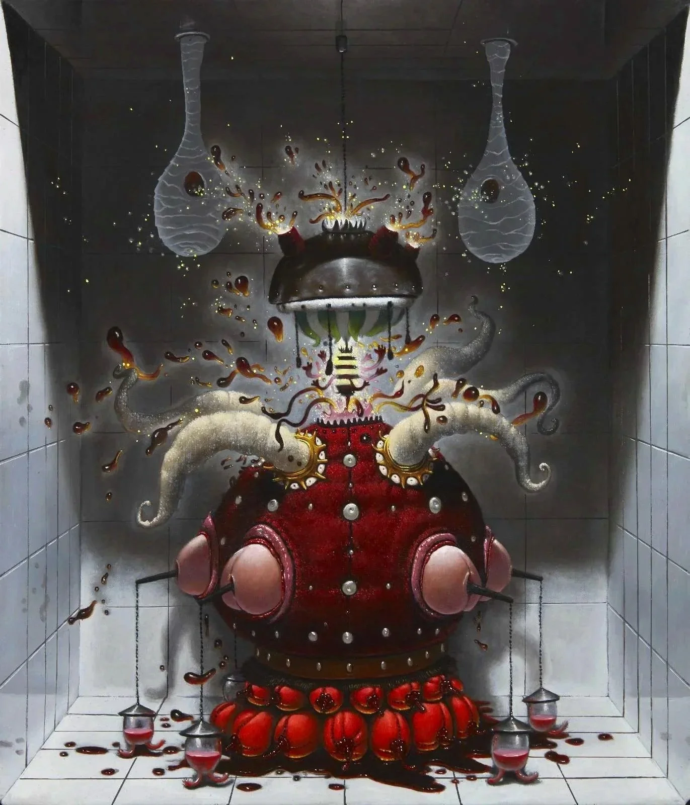 An artistic mural featuring a whimsical character with a lightbulb head, octopus tentacles, and a red dress. The mural includes explosion-like effects with splatters of paint, hanging light bulbs, and a base of pumpkins with liquid spills on tiled floor and walls.