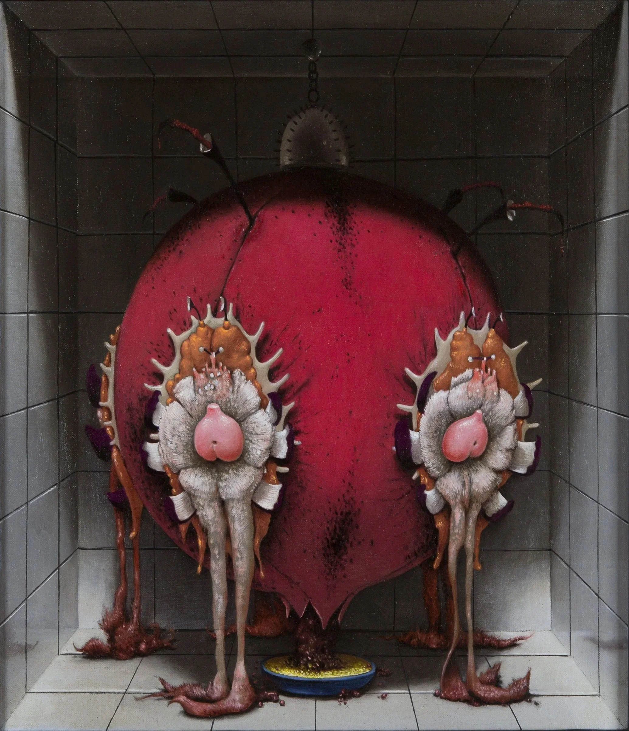 A collection of four dead turkeys hanging upside down in a square metallic room, with blood on the floor and blood draining from their bodies.