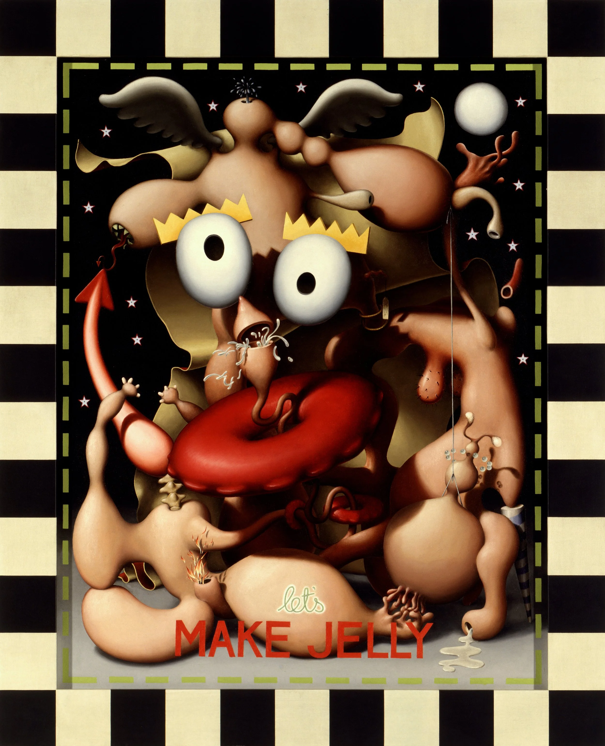 A colorful, surreal illustration of a creature with various animal and human features, including a large head with wide eyes, wings, multiple limbs, and abstract elements, against a black starry background with a moon. The image is framed by a checkerboard border. The text at the bottom reads, "Let's make jelly."
