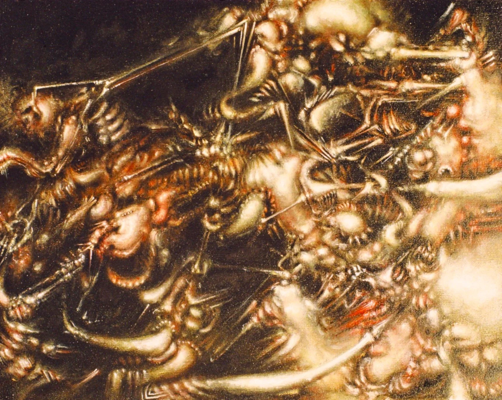 Close-up of a metallic sculpture or artwork with intricate, abstract, and mechanical-like details in bronze or copper tones.