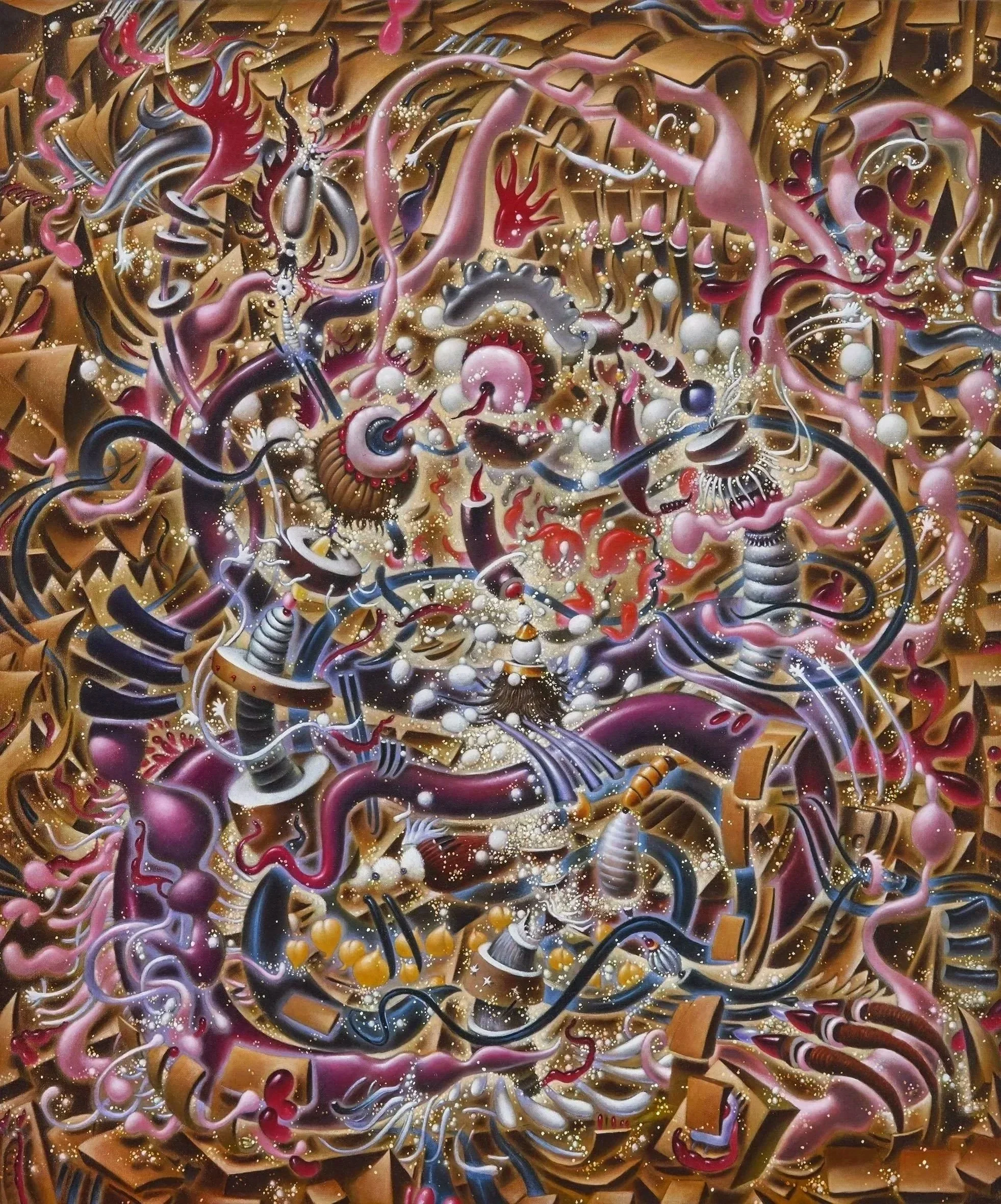 Abstract painting featuring swirling shapes, vibrant colors, and intricate details with a cosmic and surreal appearance.