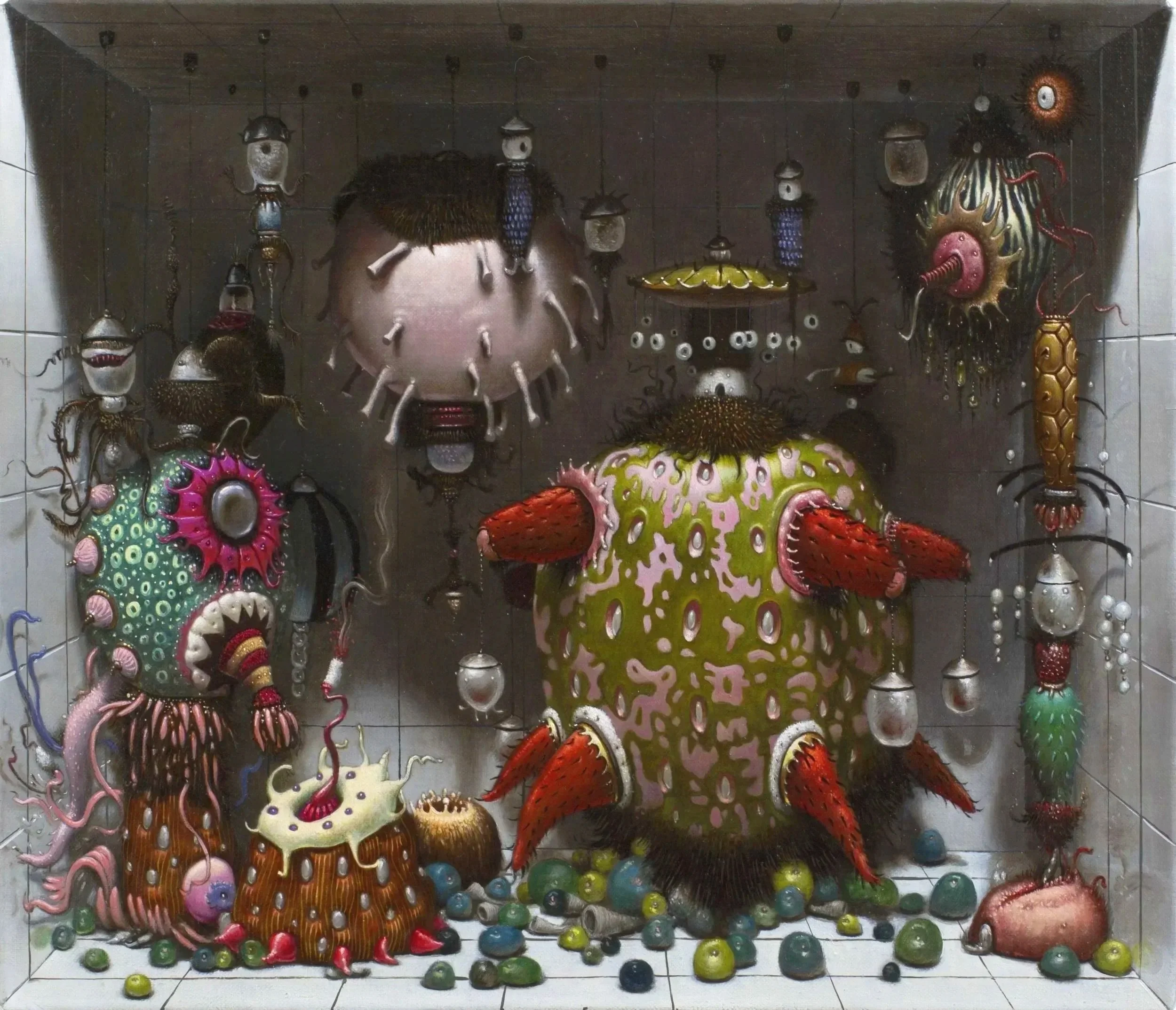 An art installation of colorful, fantastical creatures and objects on a tiled wall and floor, including large, spiky, and textured sculptures with bright colors and various intricate details.