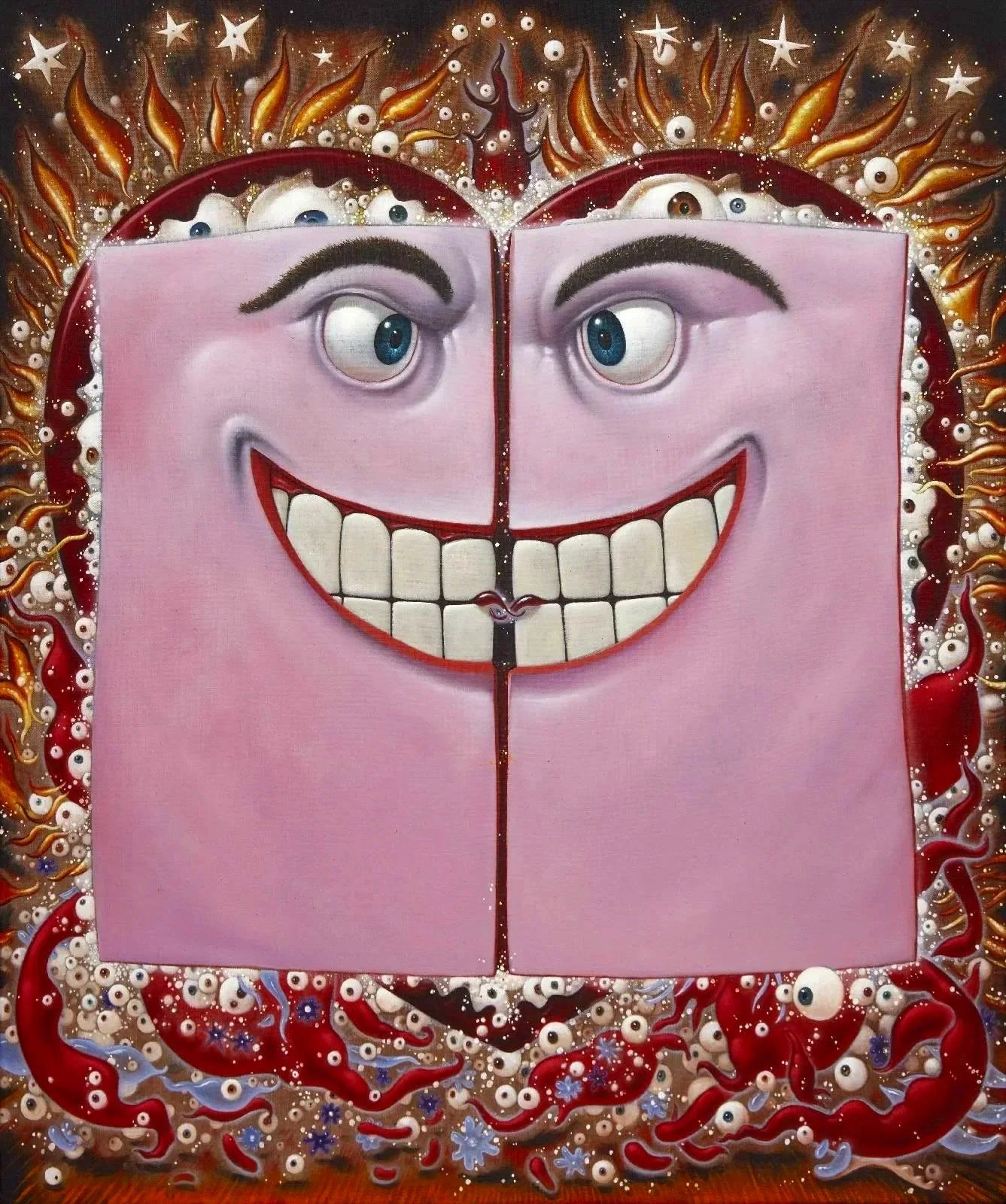 A colorful, surreal painting features a dual-faced character with a large, wide smile showing white teeth. The character's face is divided down the middle, with each side mirror-imaged, featuring blue eyes, dark eyebrows, and purple eyelids. Surrounding the face is a halo of swirling fiery orange and red shapes, with numerous tiny eyes and stars scattered throughout the background.