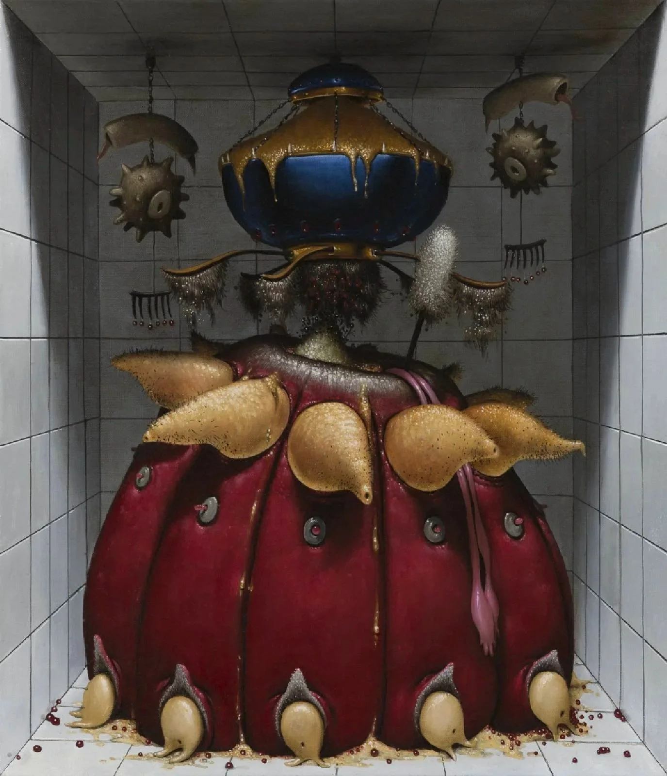 A large, decorative, and colorful sculpture resembling a giant insect with a red body, yellow and gold accents, and various metallic and biological parts, displayed in a tiled room.