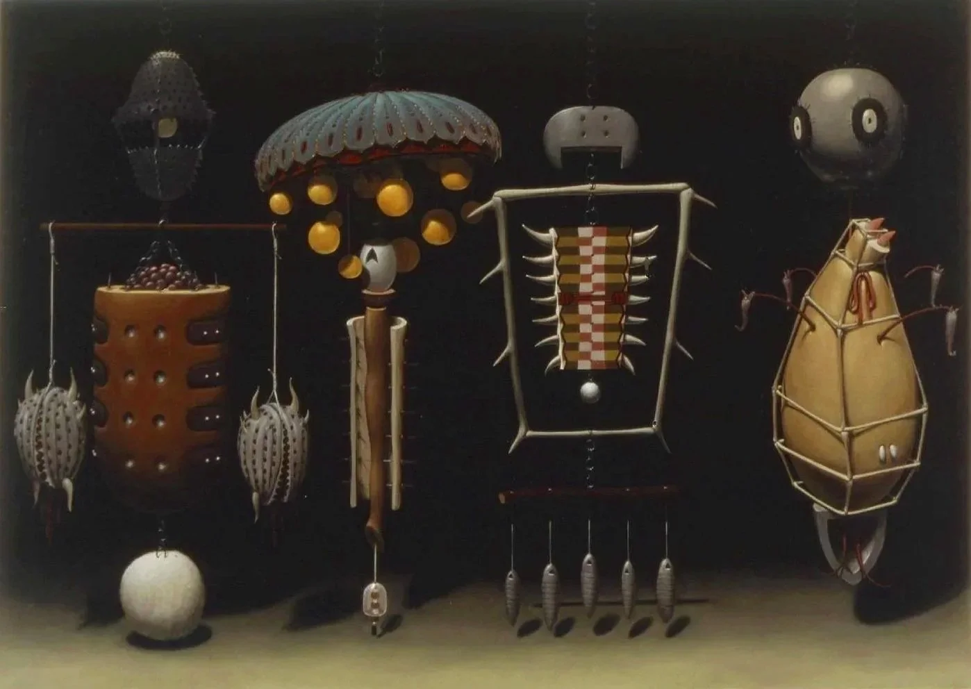 Arrangement of innovative, artistic sculptures resembling various objects and creatures, crafted from mixed media including wood, metal, and fabric, set against a black background.