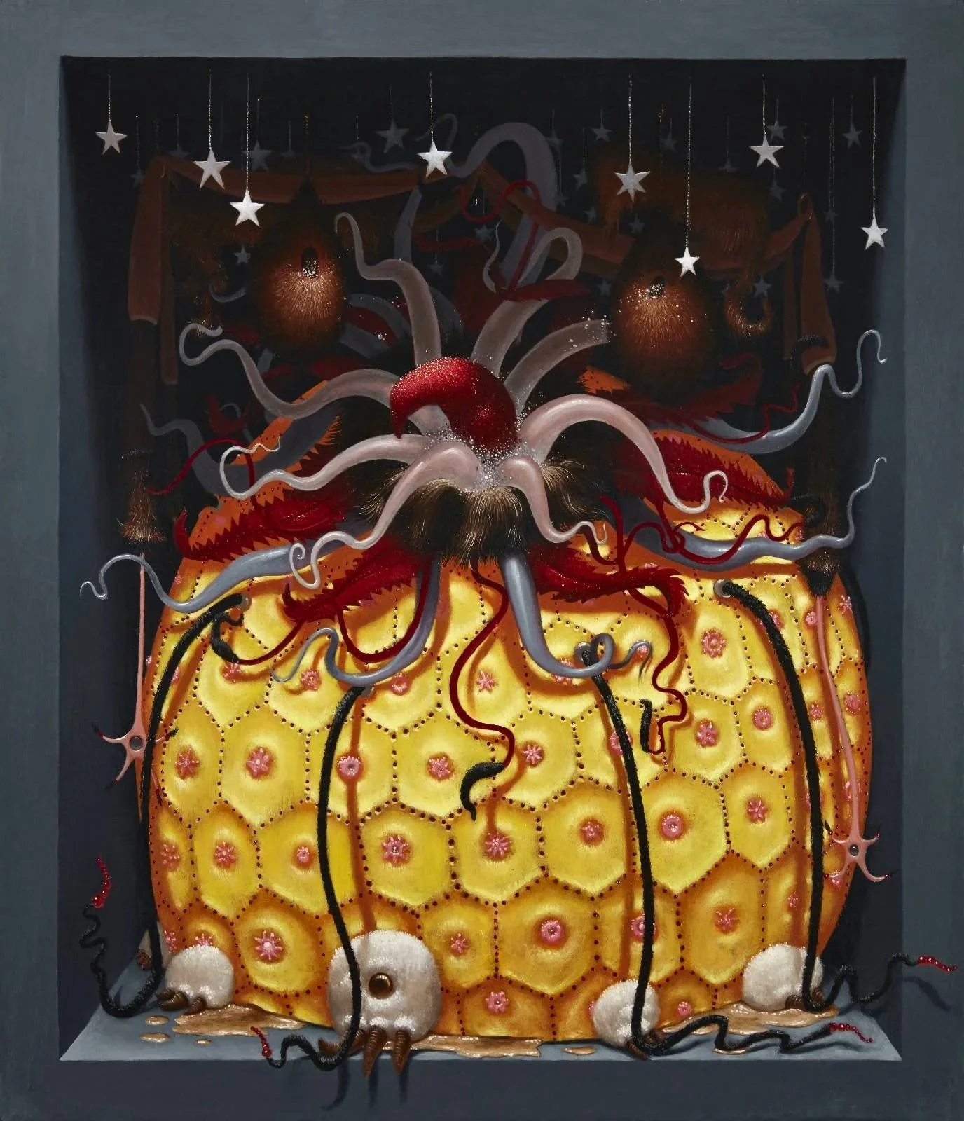 Colorful mixed media artwork depicting a pineapple topped with a large, abstract, creature-like figure with tentacles and stars hanging above, set in a decorative shadow box.