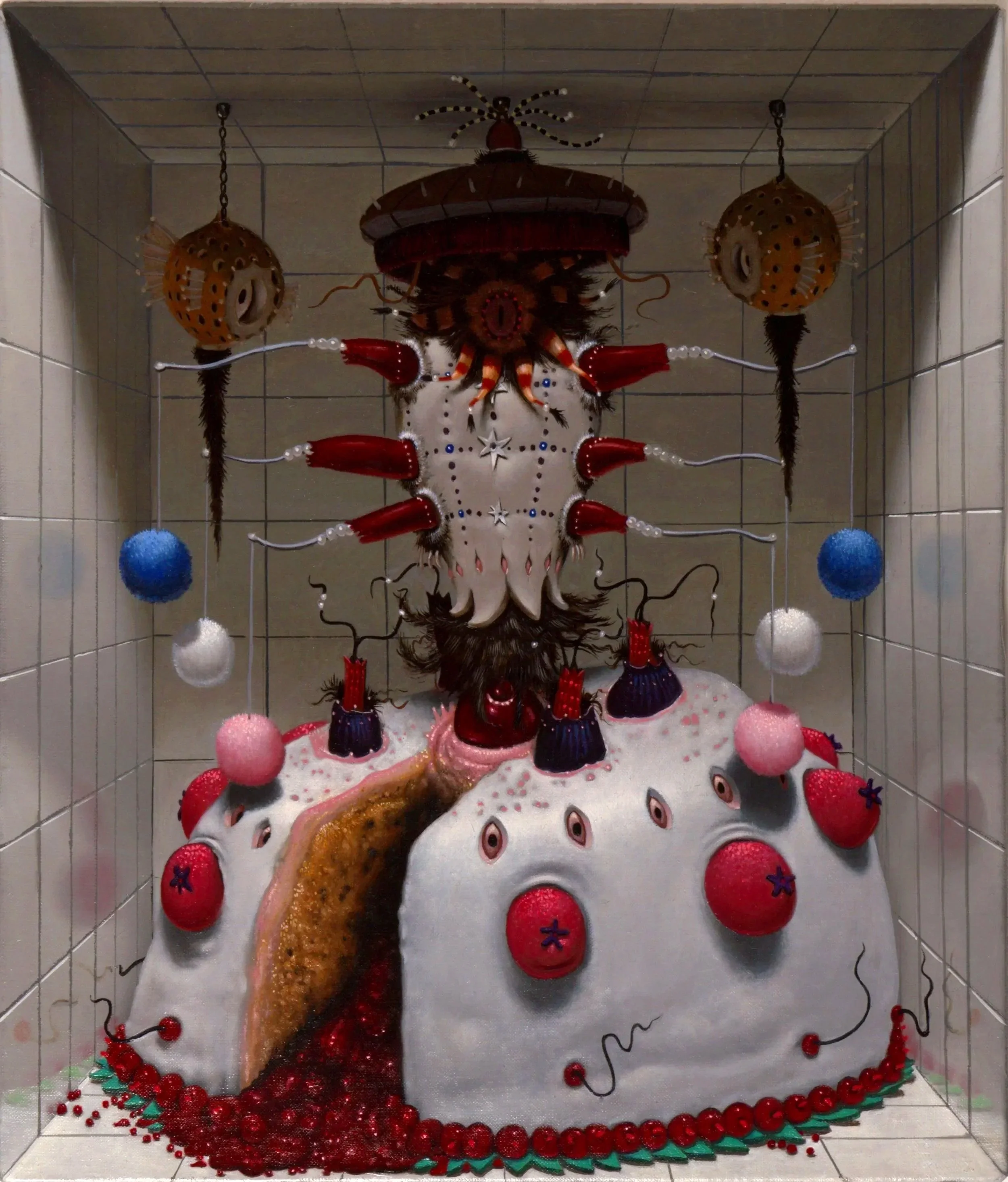 A decorated Christmas-themed display featuring a large animal skull, possibly a cow or ox, adorned with red and white accents, star-shaped decorations, and surrounded by colorful spherical ornaments and garlands. The background consists of tiled walls, indicating it is in a confined space or display case.